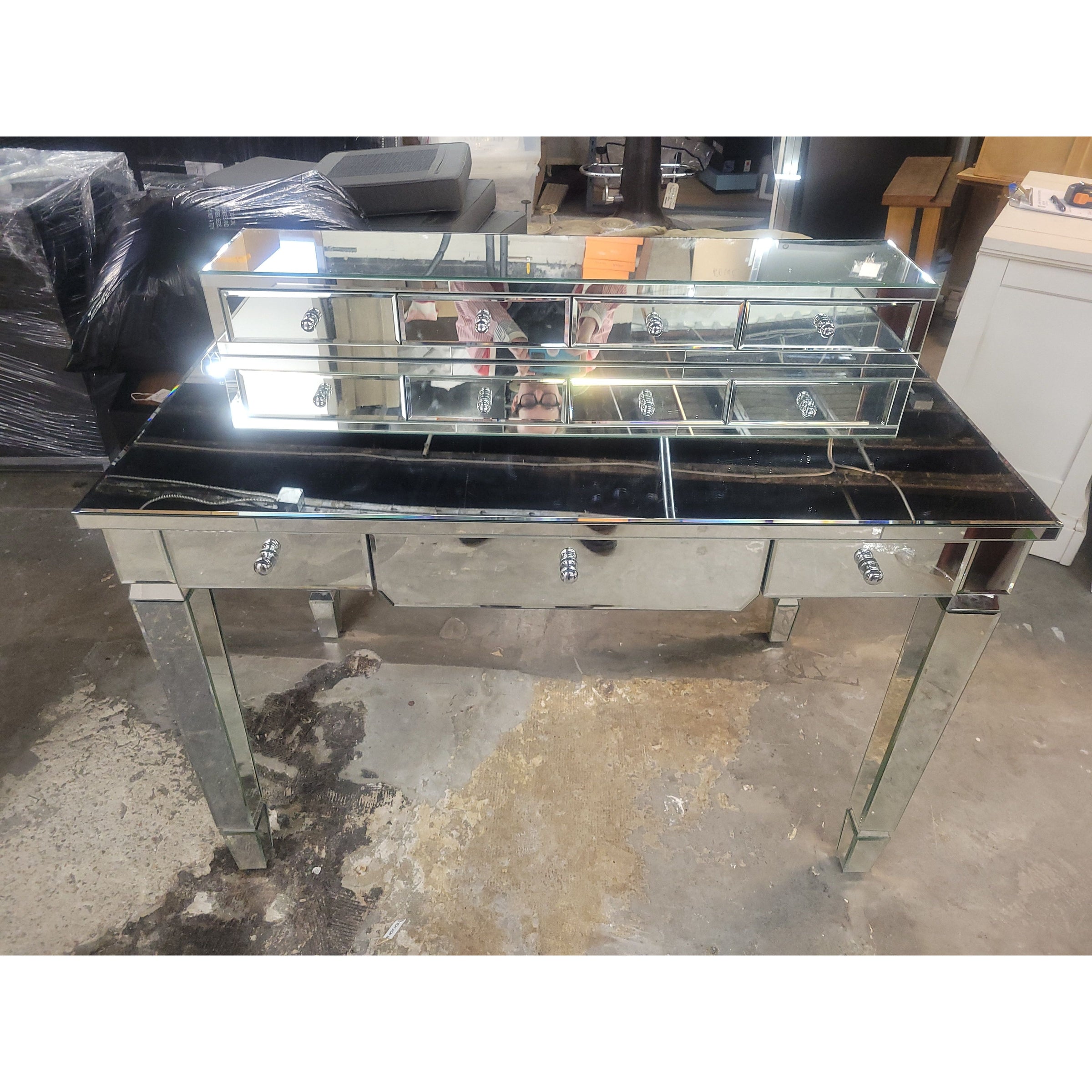 Mirrored Vanity w/ Tabletop Drawers & Folding Mirror (AS IS) - colletteconsignment.com