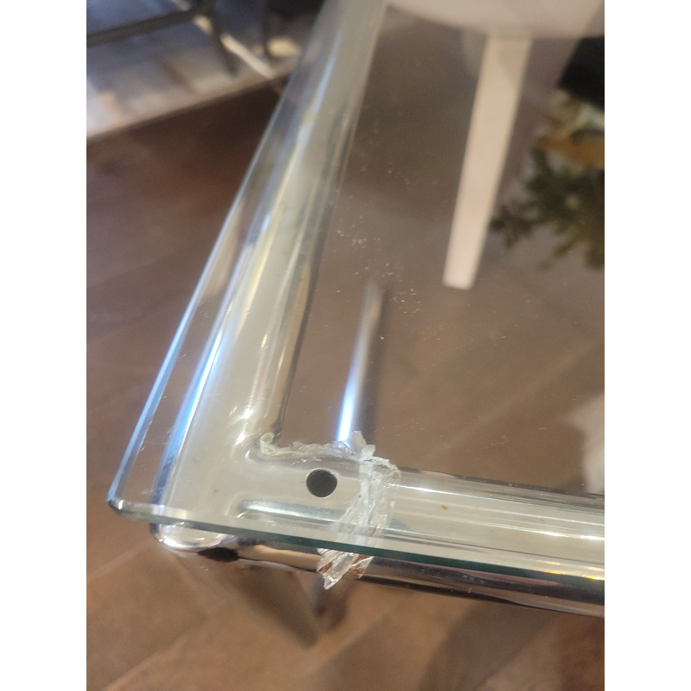 PAIR of Chrome Side Tables w/ Glass Tops & Wicker Magazine Holders - AS IS