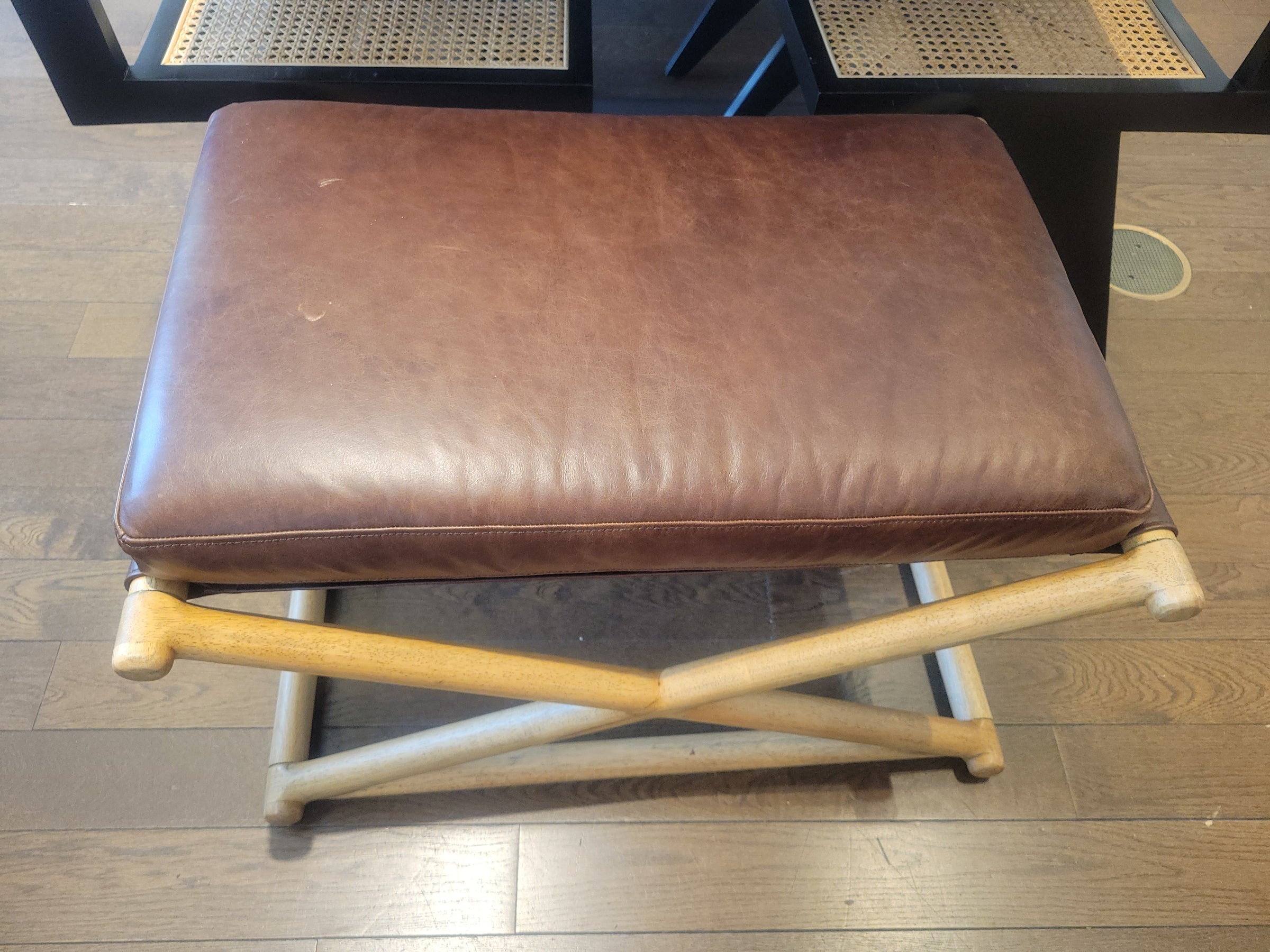 Brown Saddle Leather X Frame Walnut Bench