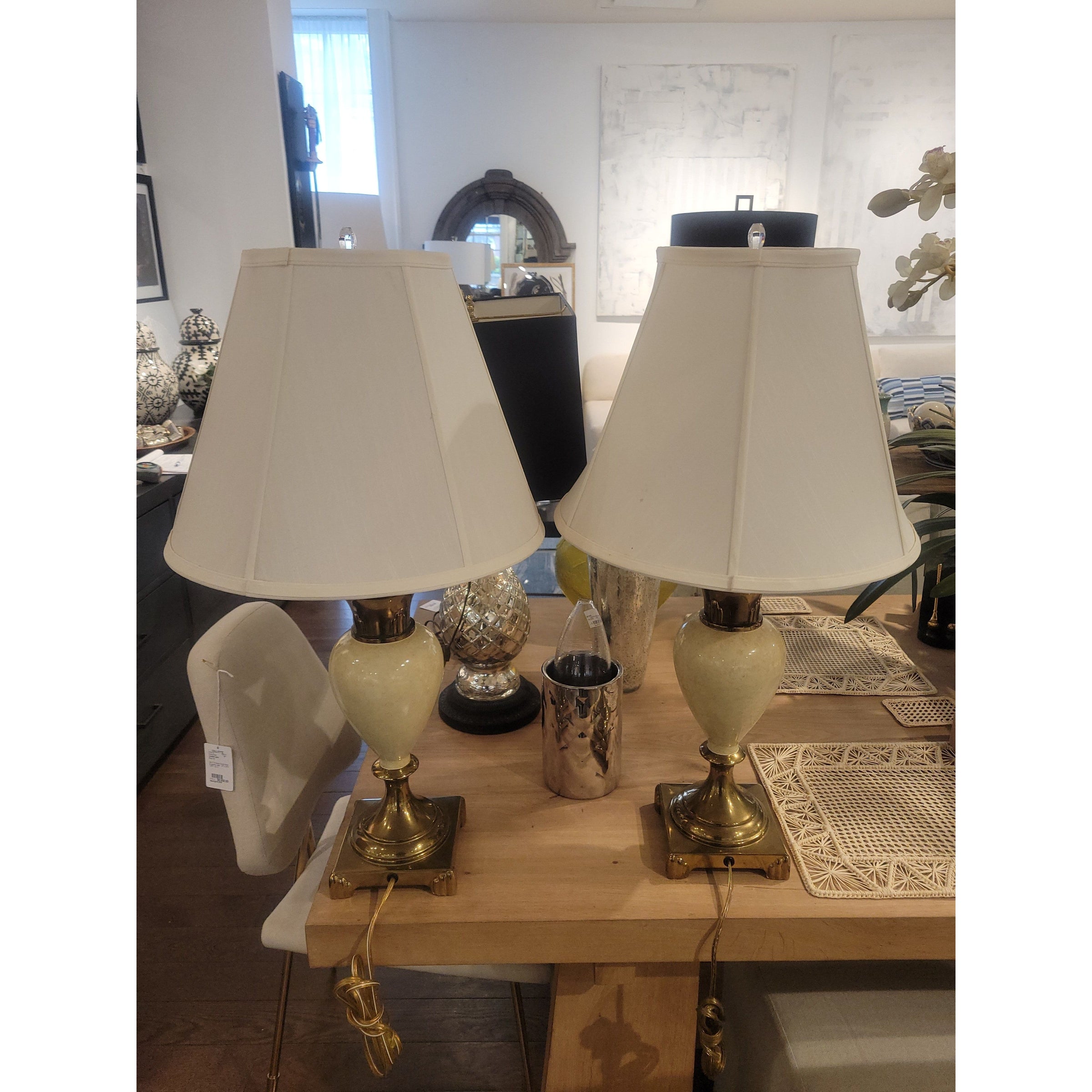 PAIR of Vintage Brass & Cream Table Lamps w/ Off-White Shades