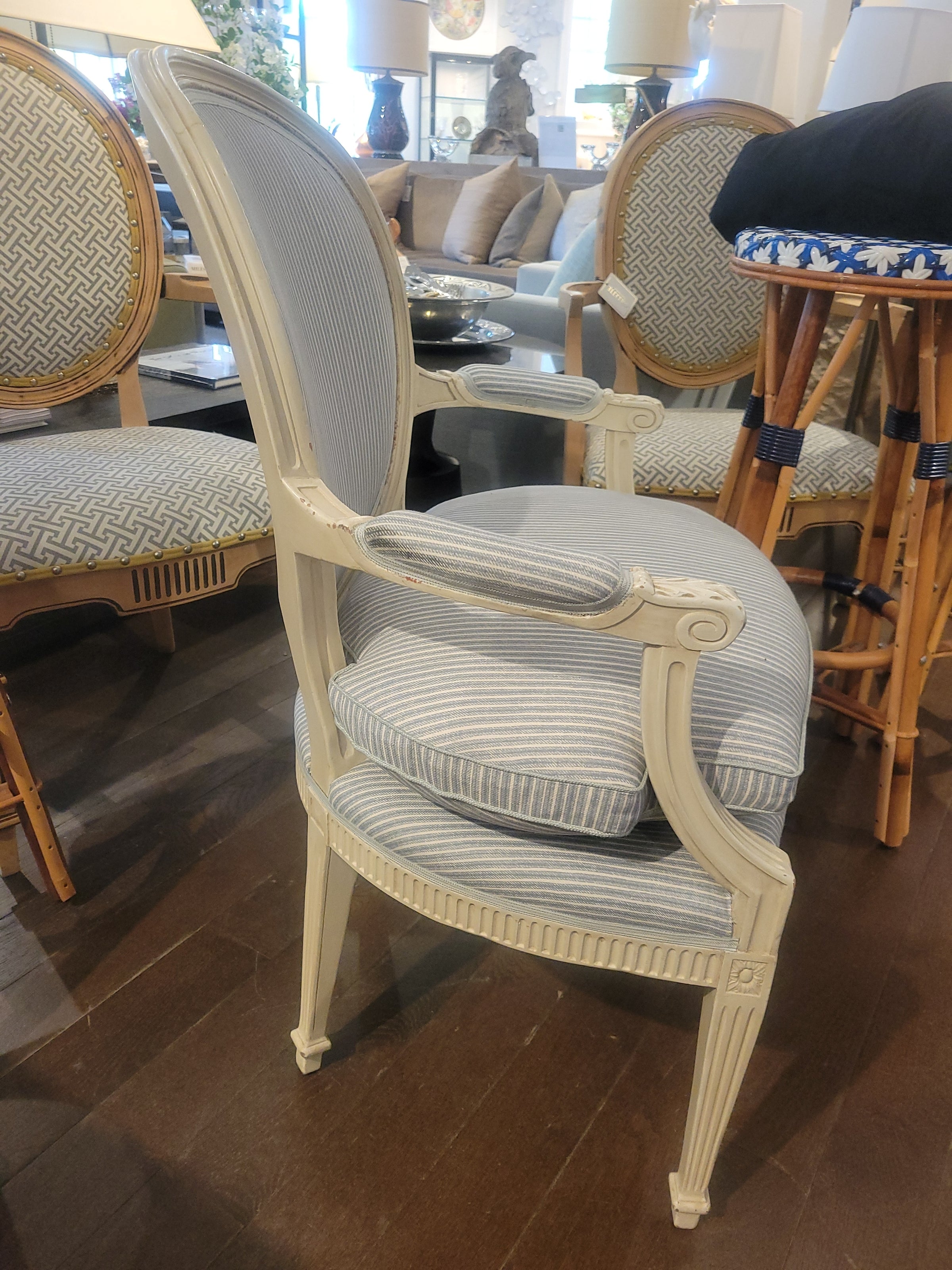 Louis XVI Style Arm Chair w/ Fermoie Fabric Attrib. to Amy Berry Home (AS IS)