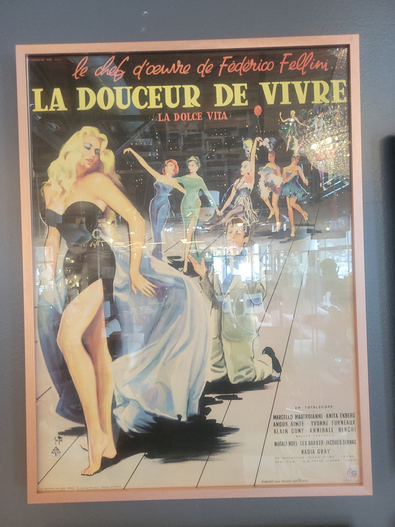 'La Dolce Vita' 1960 French Movie Poster by Yves Thos in Pink Frame - colletteconsignment.com