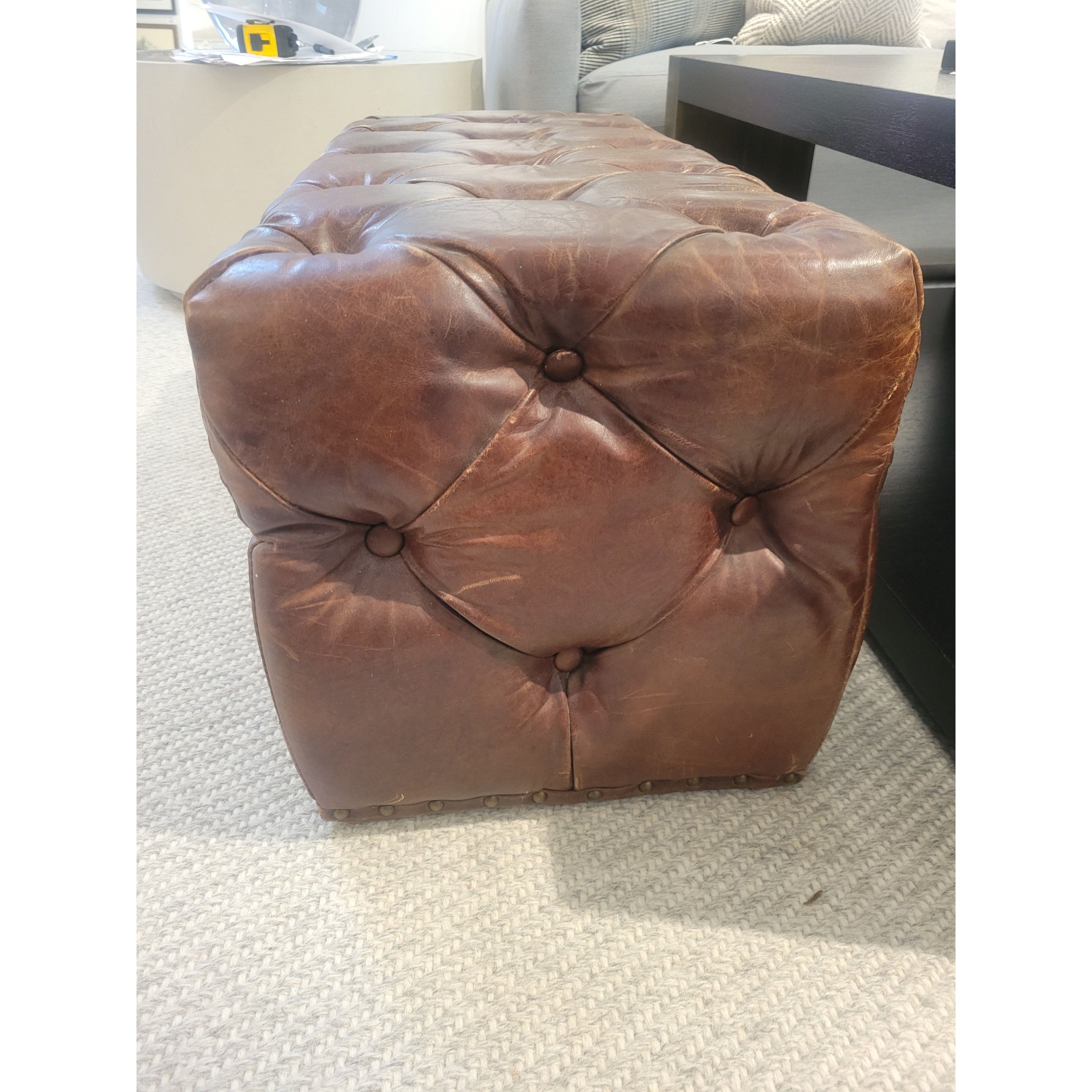 Rectangular Brown Leather Chesterfield Pouf