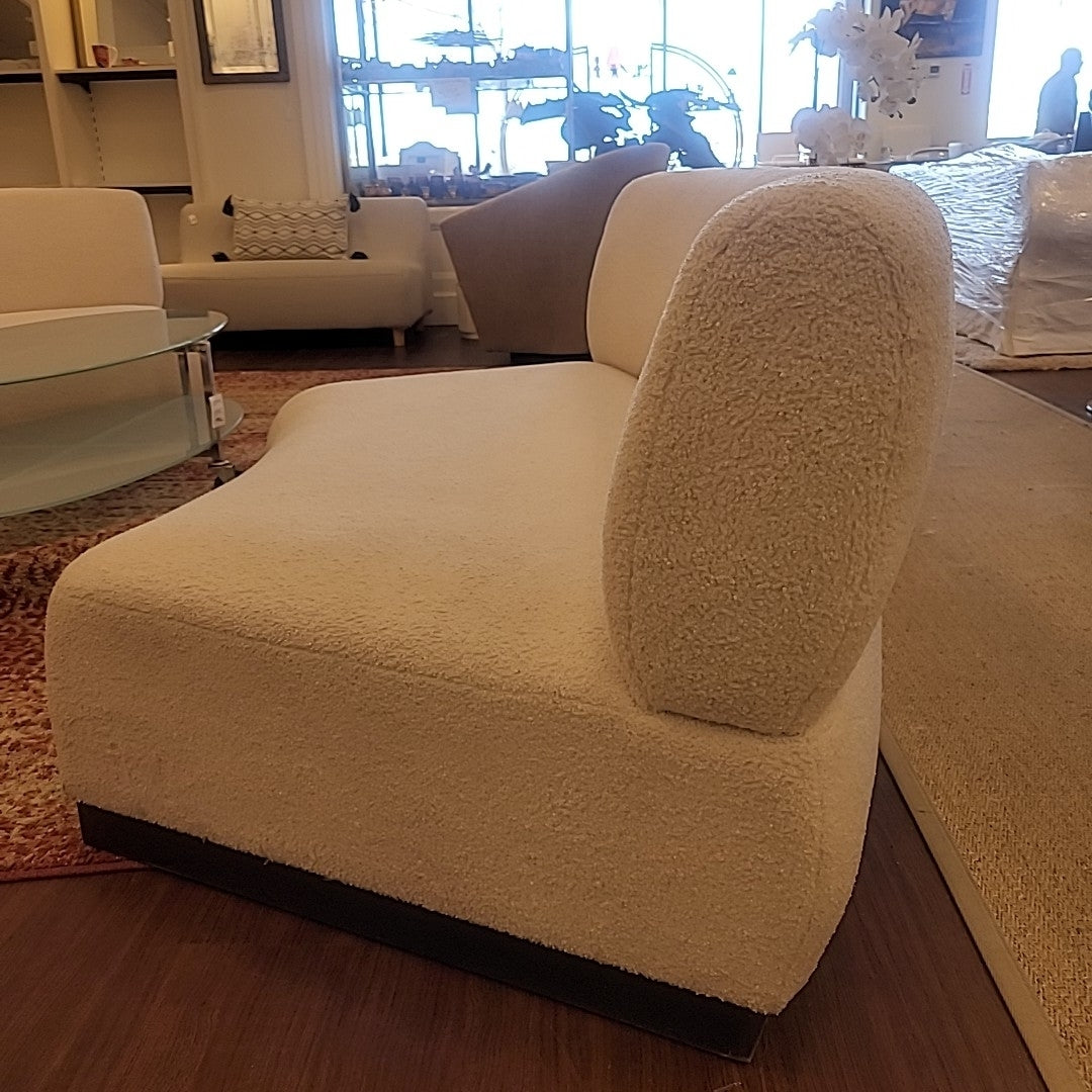 Custom Armless Curved Sofa in Off-White Boucle w/ Dark Wood Base