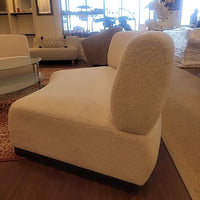 Custom Armless Curved Sofa in Off-White Boucle w/ Dark Wood Base