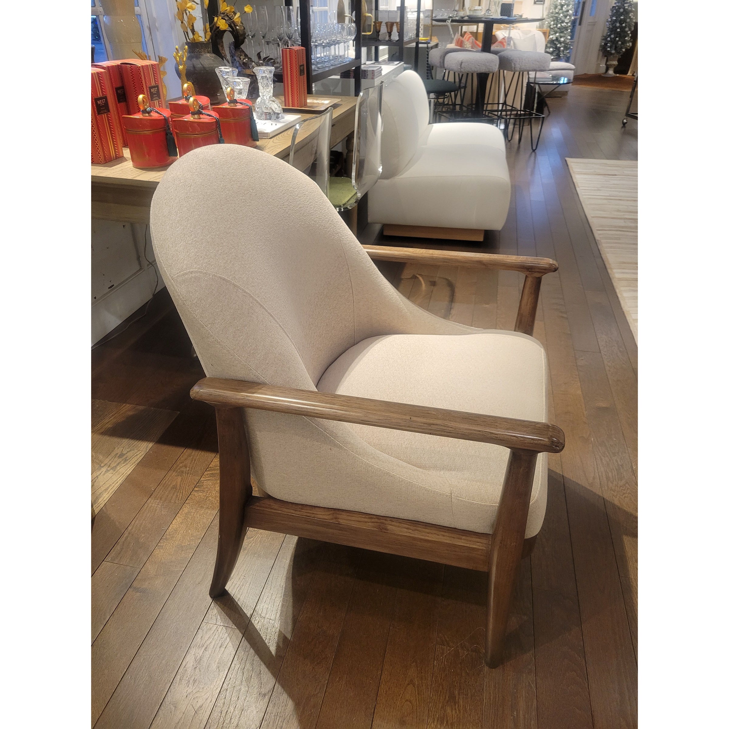 Upholstered Lounge Chair w/ Dark Wood Frame by Maria Yee