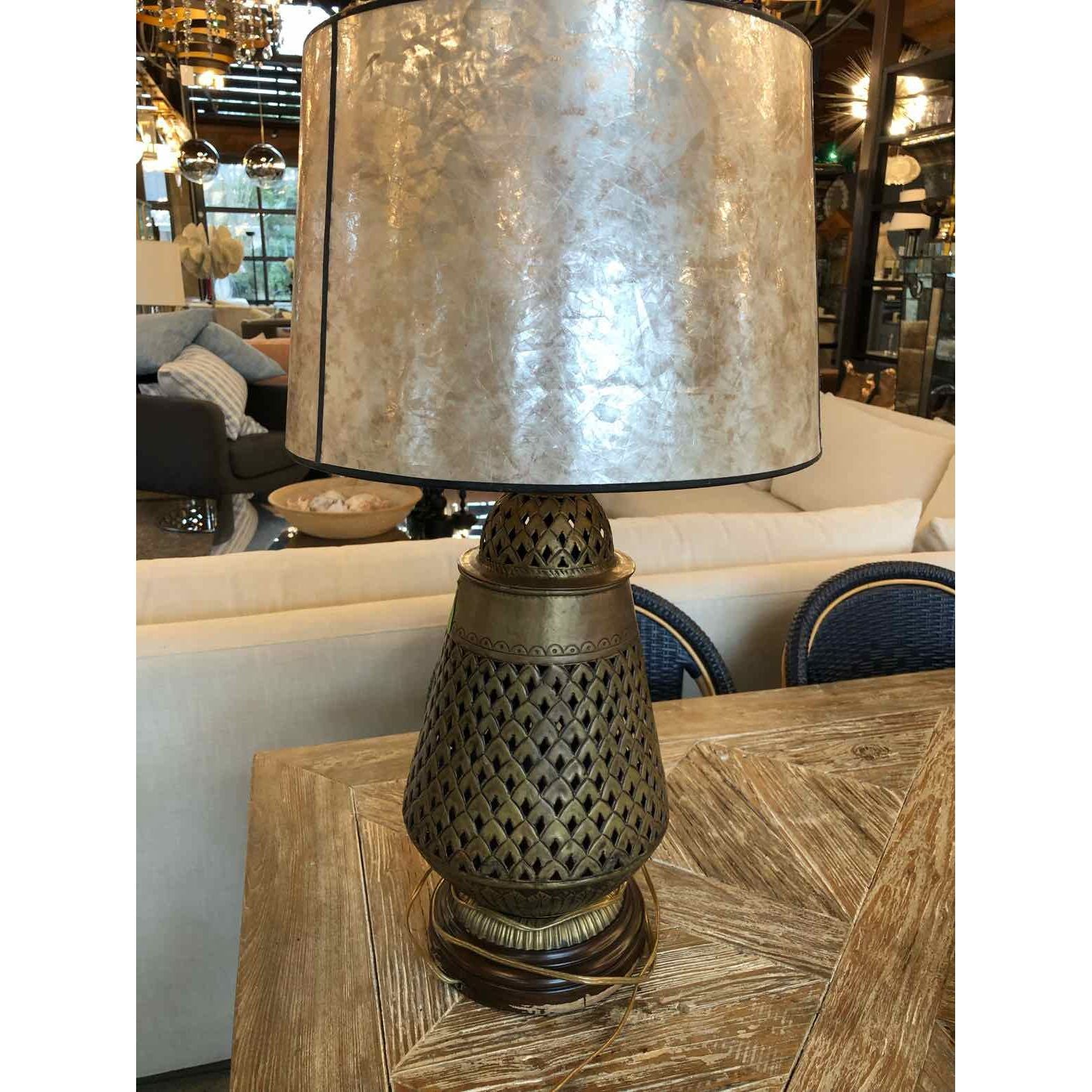 Metal Brass Table Lamp with Pearl Shade