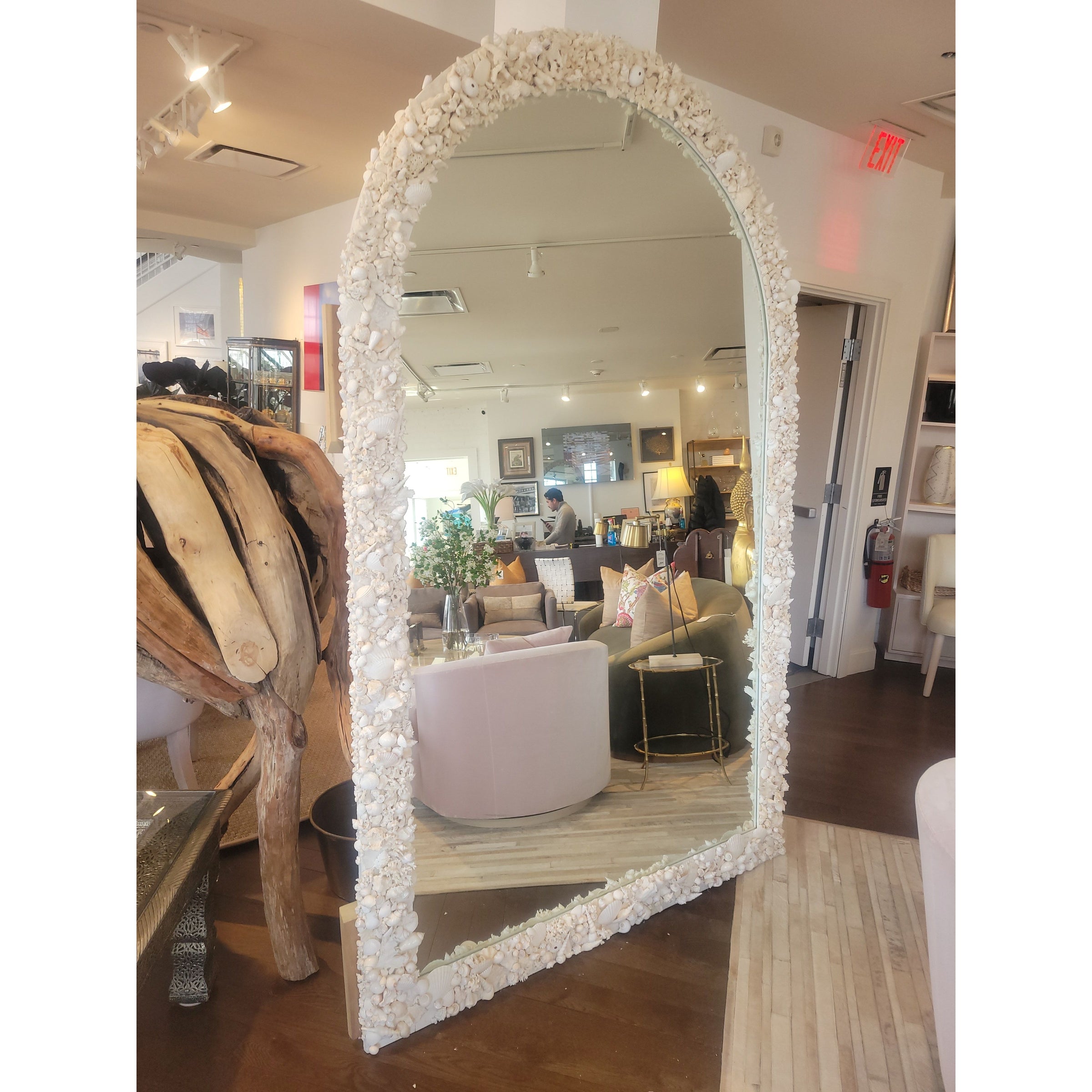Custom 8-ft Arched Standing Mirror Lined w/ Bahamas Shells (AS IS) - colletteconsignment.com