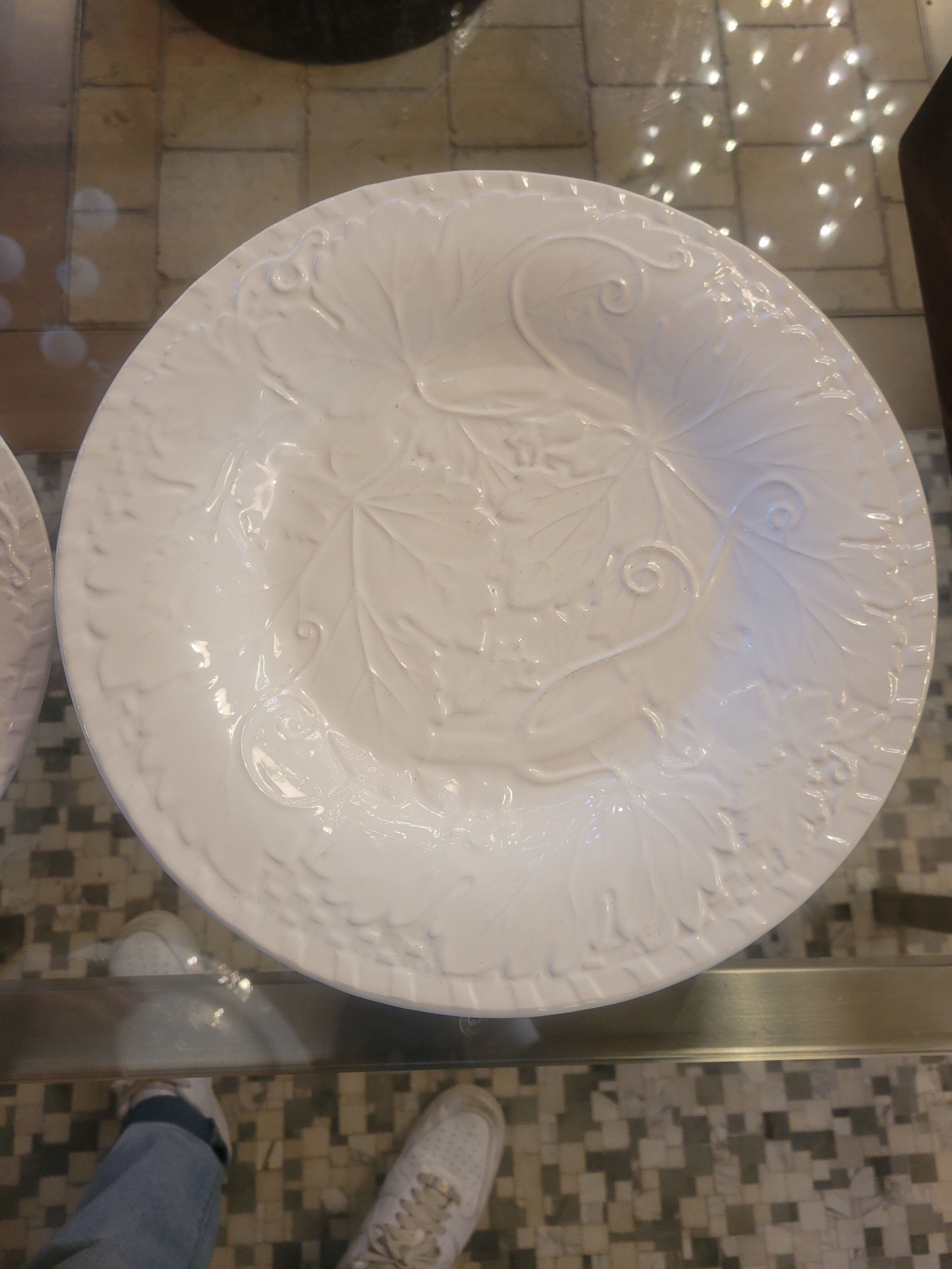 SET of 8 White Ceramic Embossed Vine Dinner Plates by Bordallo Pinheiro