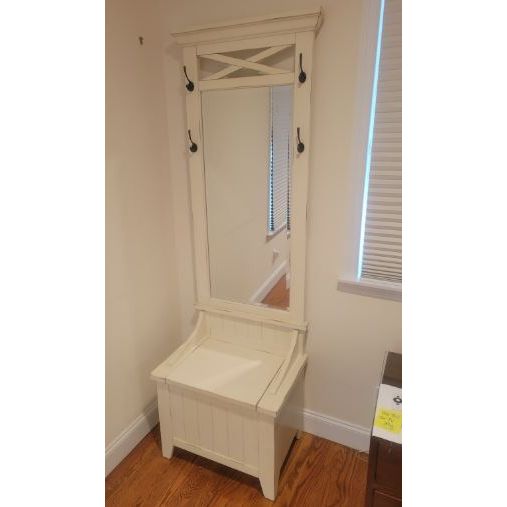 White Wood Standing Vanity w/ Hooks & Beveled Glass Mirror