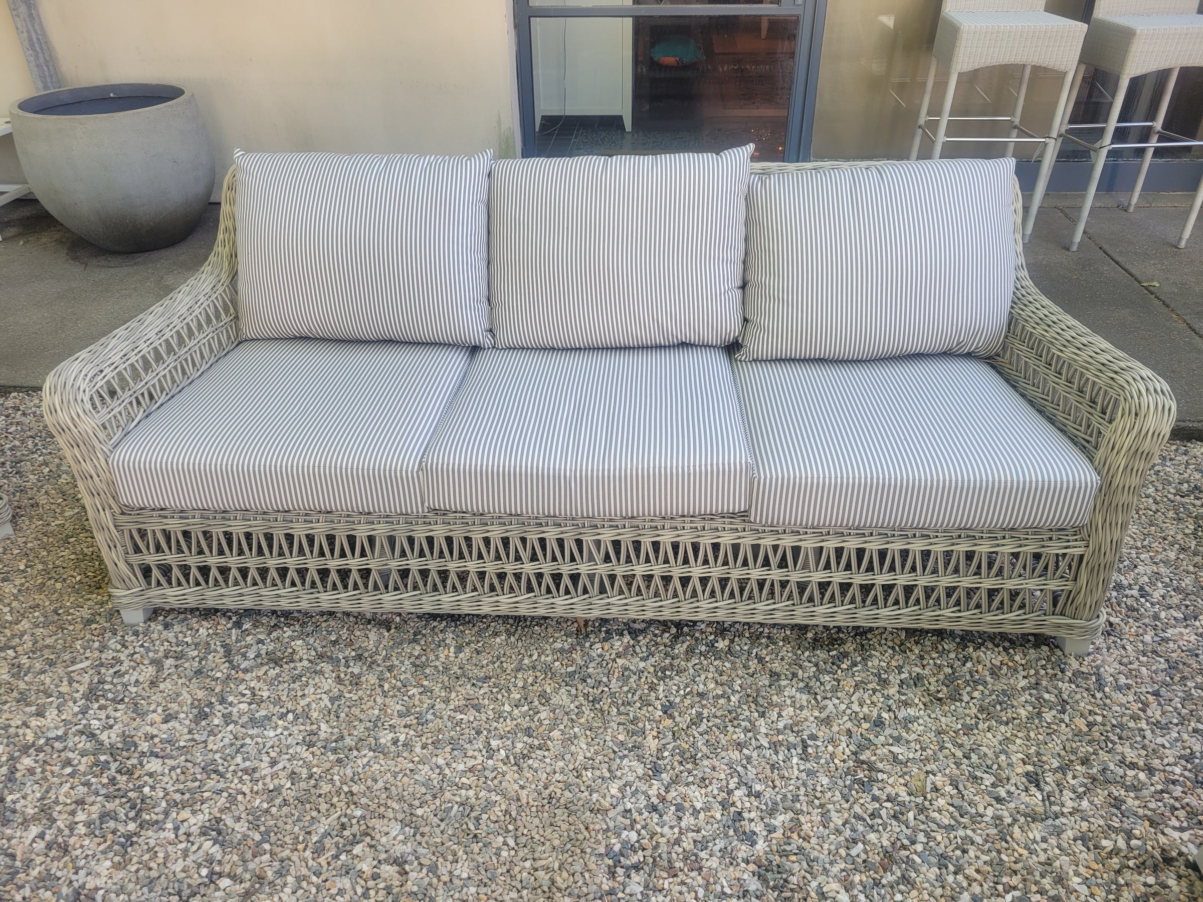 Gray Wicker Arbor Sofa w/ Striped Cushions by Janus et Cie
