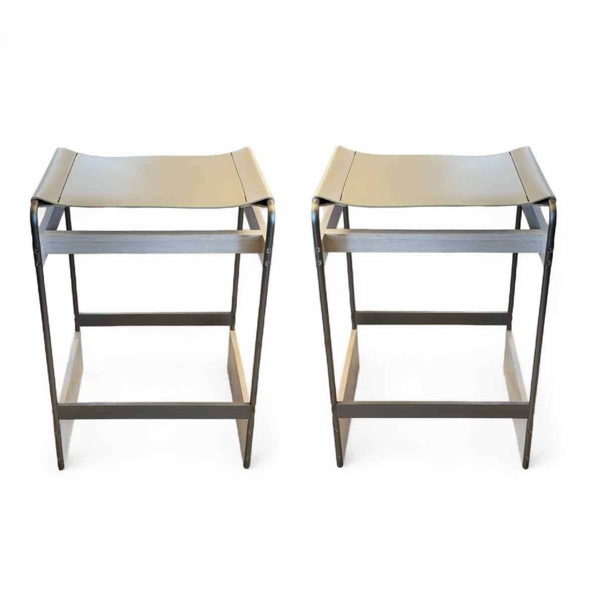 PAIR of Short Nickel Stools w/ Leather Seats by Michael Dawkins