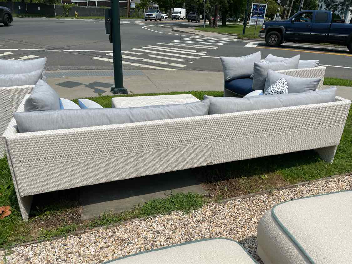White Wicker Slimline 3-Seater Sofa w/ Navy Cushions by Dedon