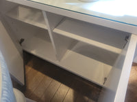 Custom 5-Door Matte White Lacquer Fish Scale Credenza w/ Glass Top