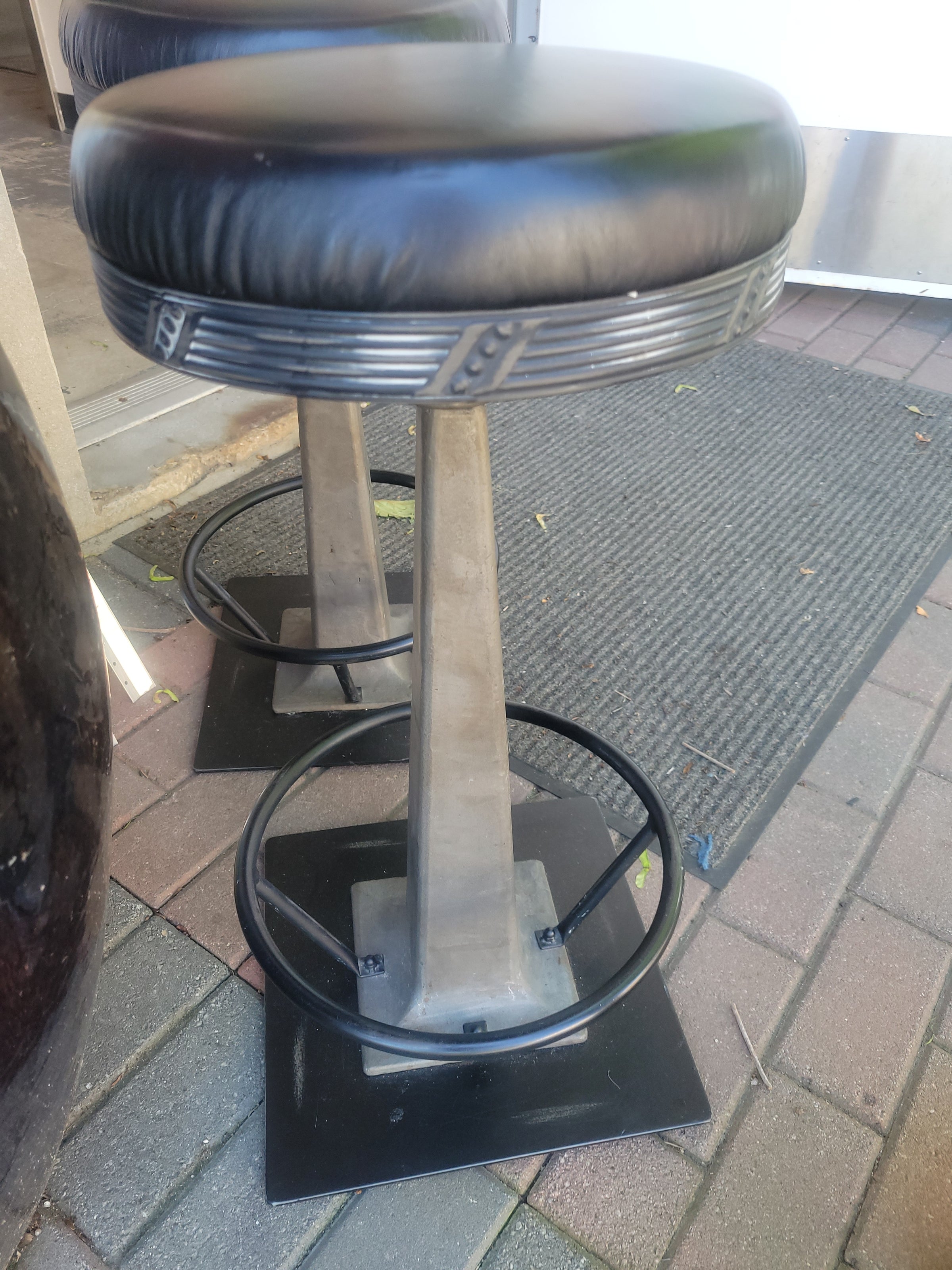 PAIR of Cast Iron Swivel Counter Stools w/ Black Leather Seats