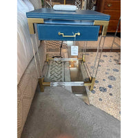 PAIR of Jacques Acrylic, Brass & Navy Faux Leather Nightstands by JA (AS IS)