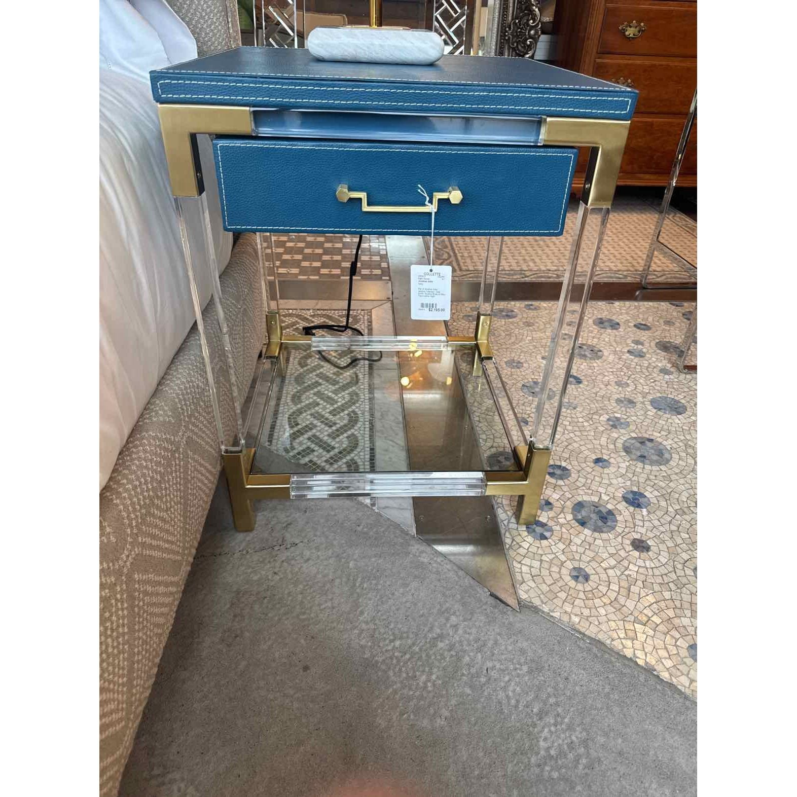 PAIR of Jacques Acrylic, Brass & Navy Faux Leather Nightstands by JA (AS IS)
