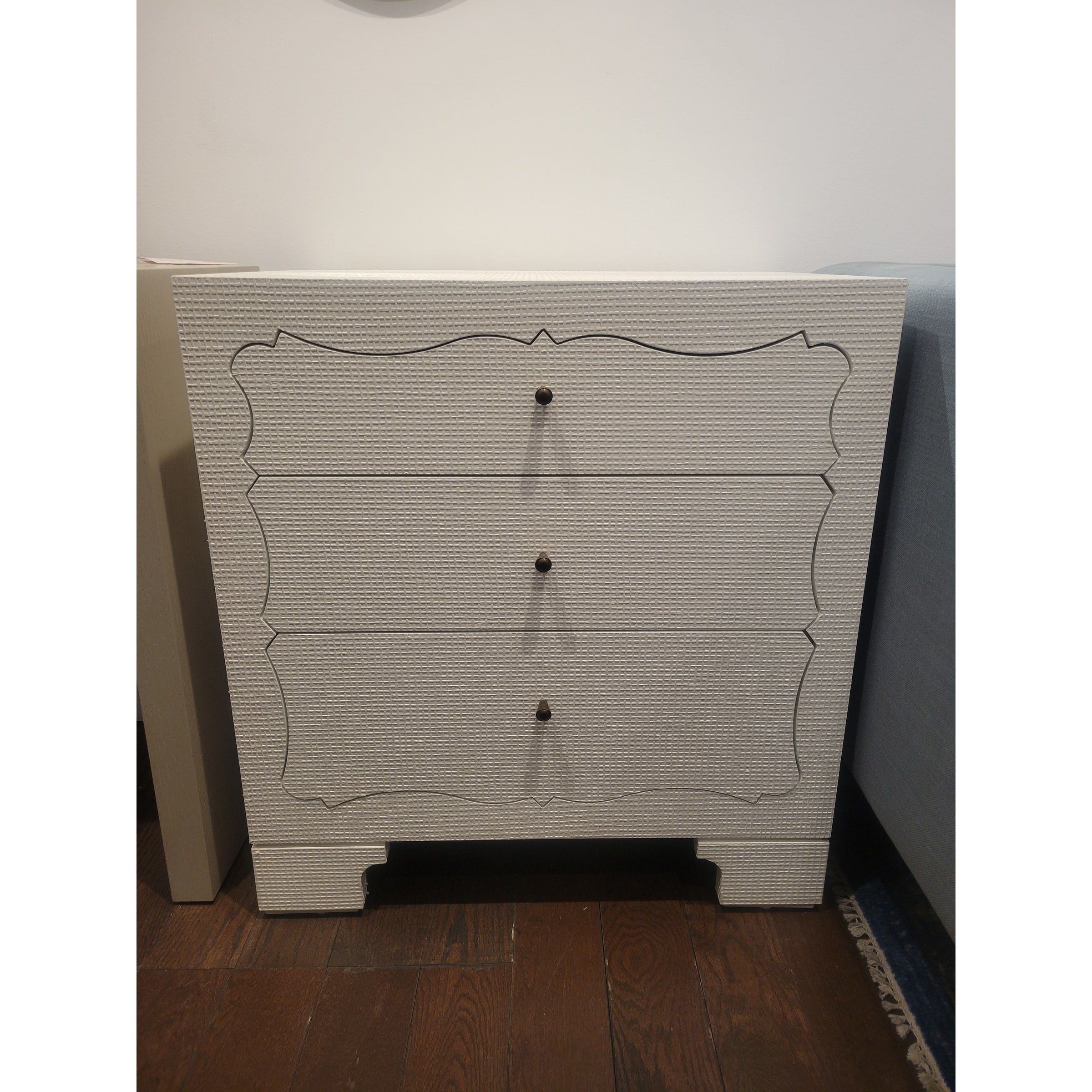 India White Faux Linen / Grasscloth 3-Drawer Nightstand by Dear Keaton - colletteconsignment.com