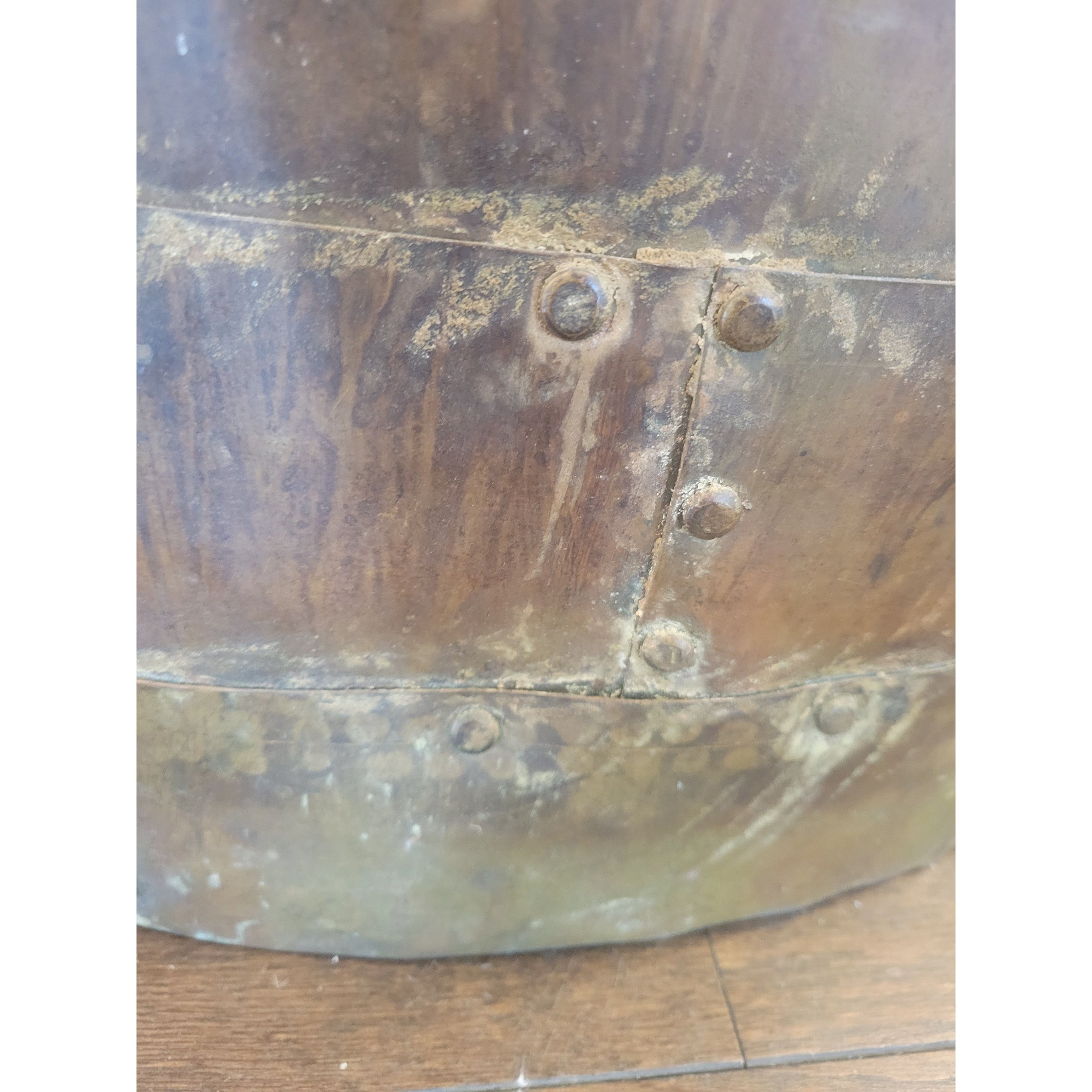 Vintage Metal Drum Coffee Table w/ Antiqued Mirror Glass Top - colletteconsignment.com