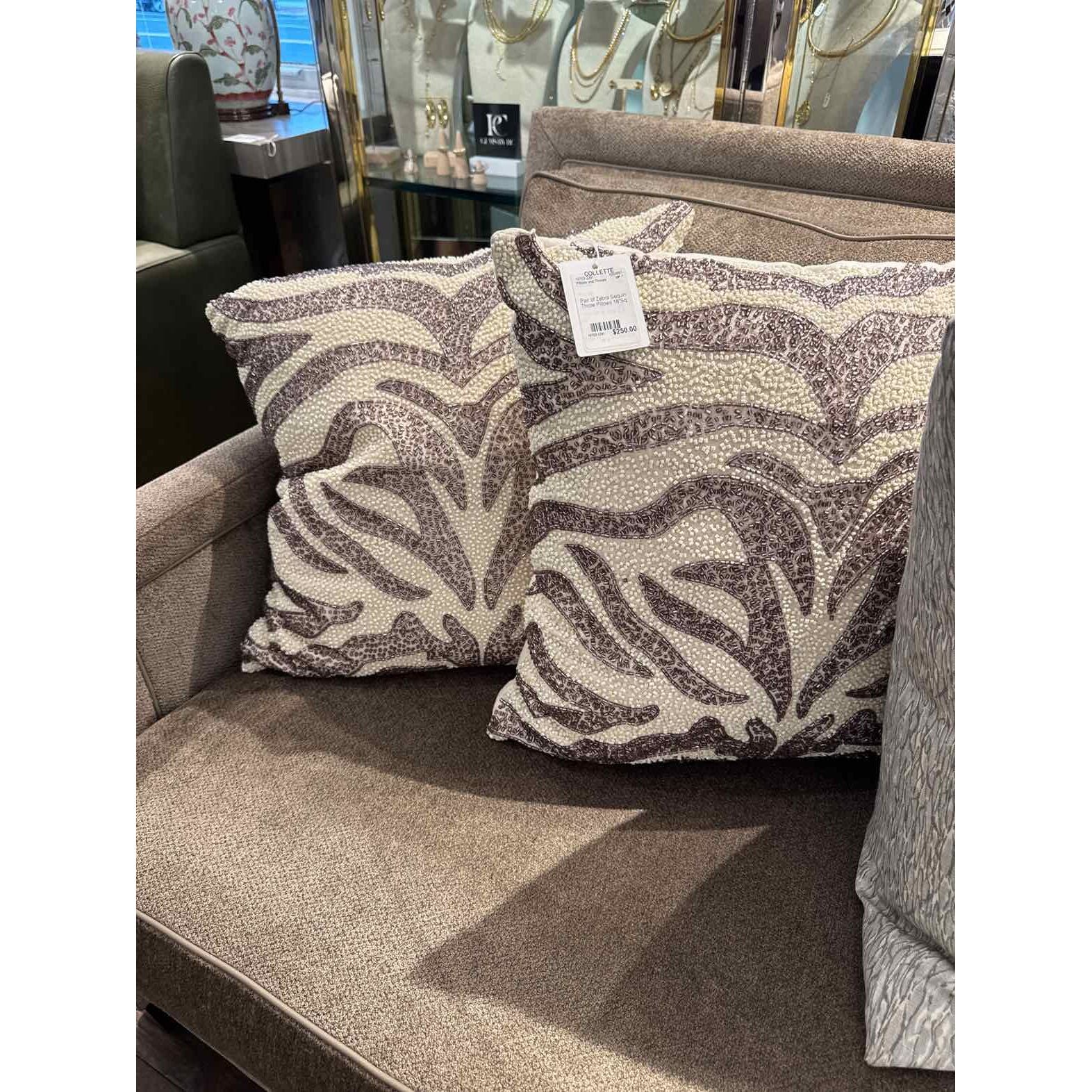 Pair of Zebra Sequin Throw Pillows 18"Sq - colletteconsignment.com