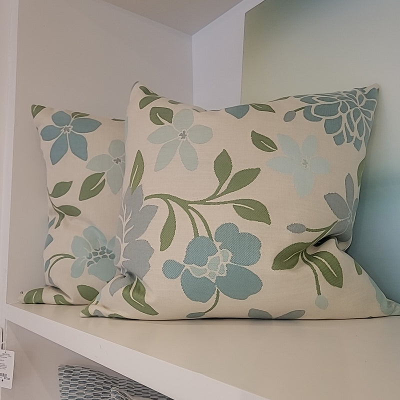 Pair of Square Sunbrella Pillows w/ Blue & Green Floral Pattern