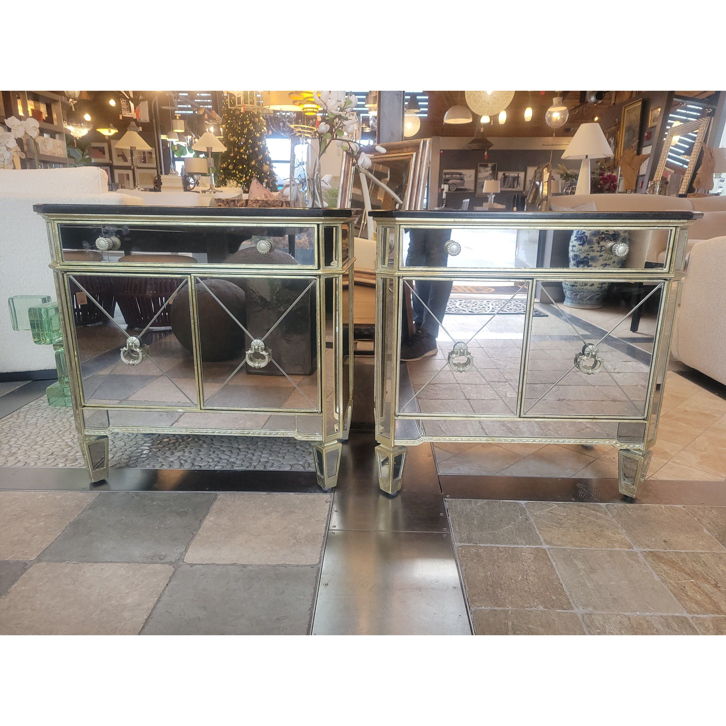 PAIR of Mirrored Glass Nightstands w/ Black Stone Tops (AS IS)