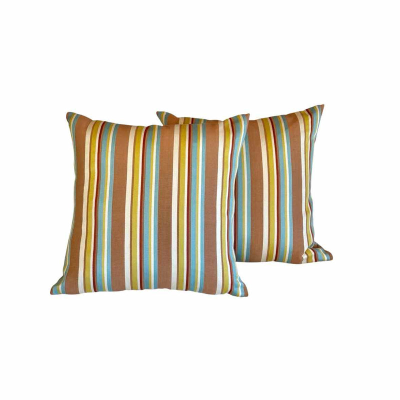 Pair of Square Sunbrella Pillows w/ Blue & Brown Stripe Pattern