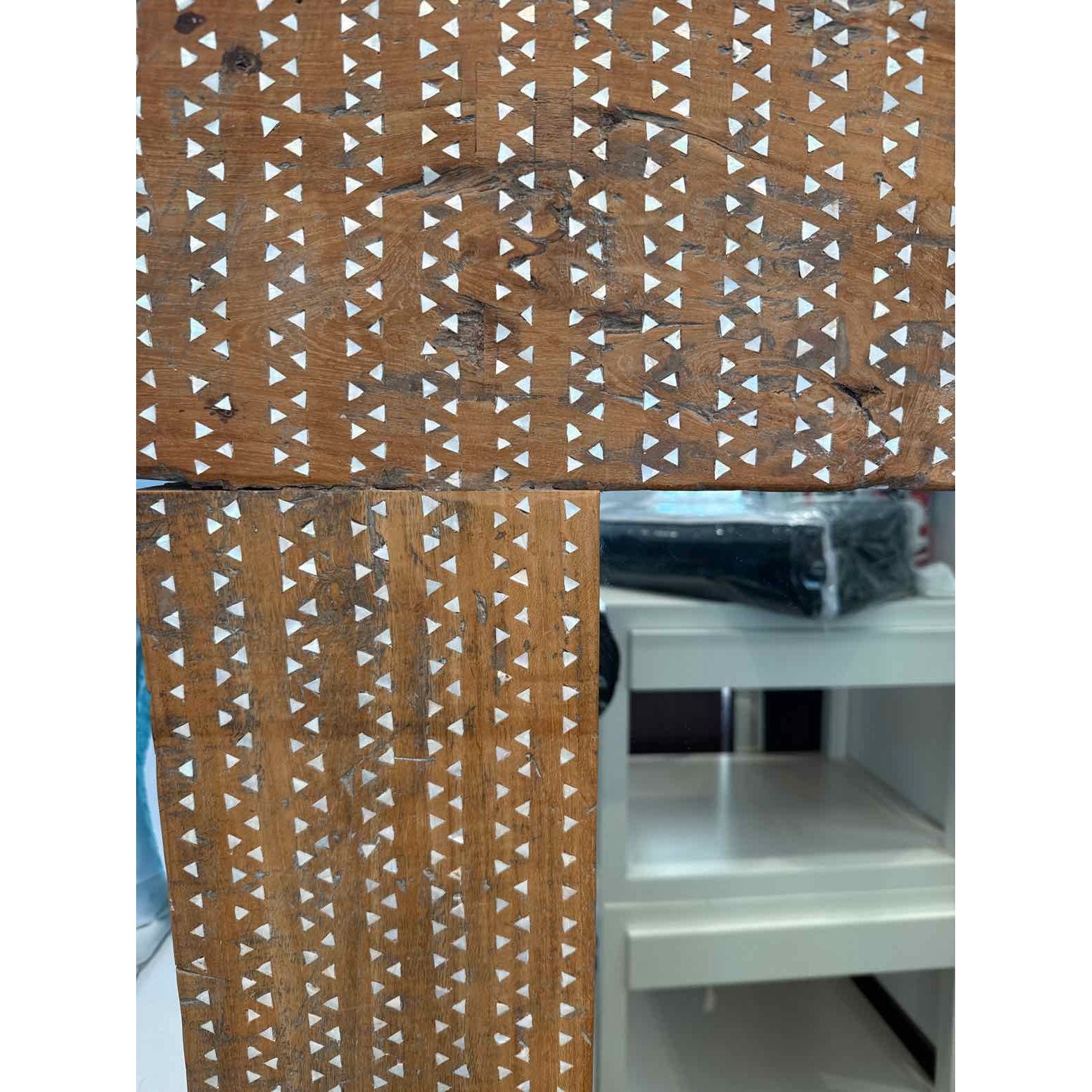 Custom Hand-Made Mother of Pearl inlay Aged Teak Wood Frame Mirror by Andrianna