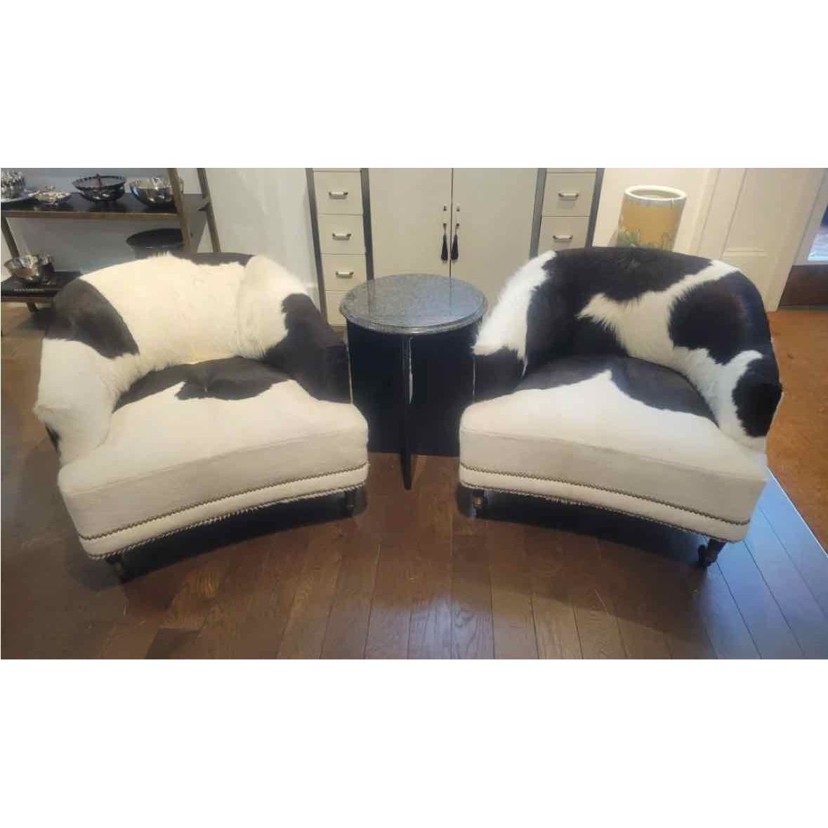 PAIR of Mid-Century Cowhide Club Chairs w/ Brass Nailheads