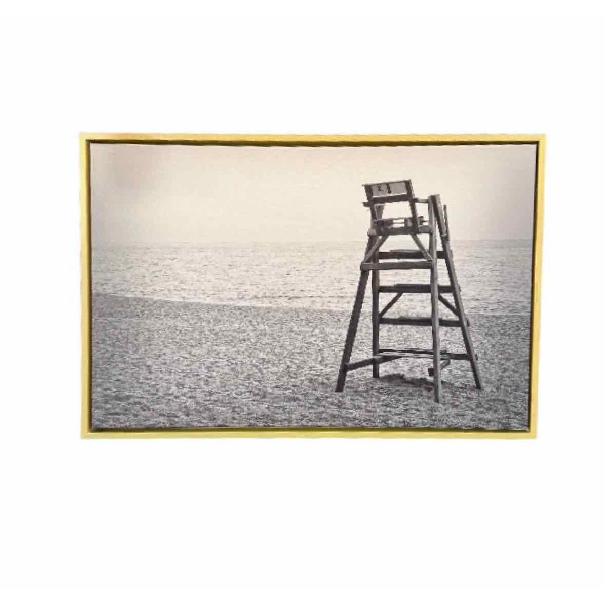 B&W Beach Lifeguard Photograph on Canvas in Floating Wood Frame