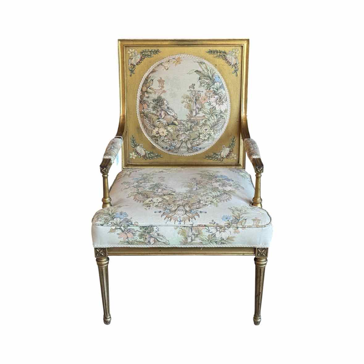 Gold Painted Arm Chair w/ Chinoiserie Upholstery