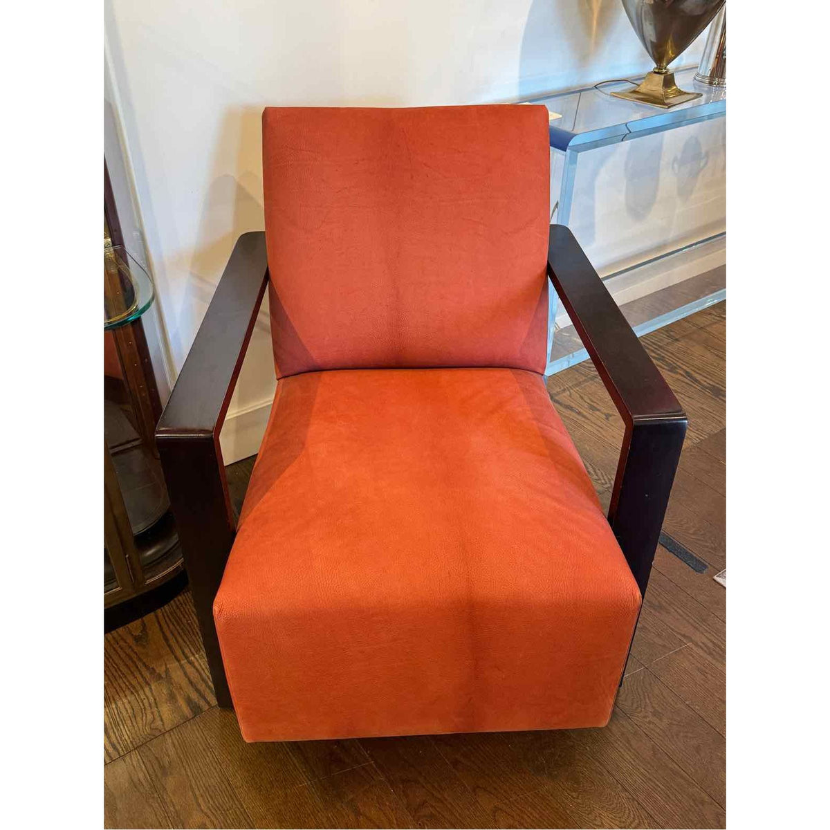 PAIR of Dark Wood & Red Pebbled Leather Club Chairs - AS IS