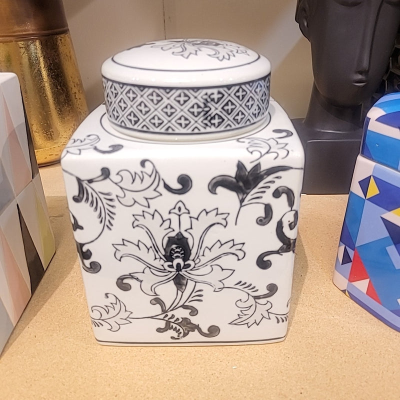 Glazed White & Black Floral Print Ceramic Jar w/ Lid