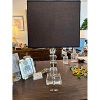 Stacked Crystal Blocks 1970's Lamp w/Black Linen Shade, 27"H x 14"Sq