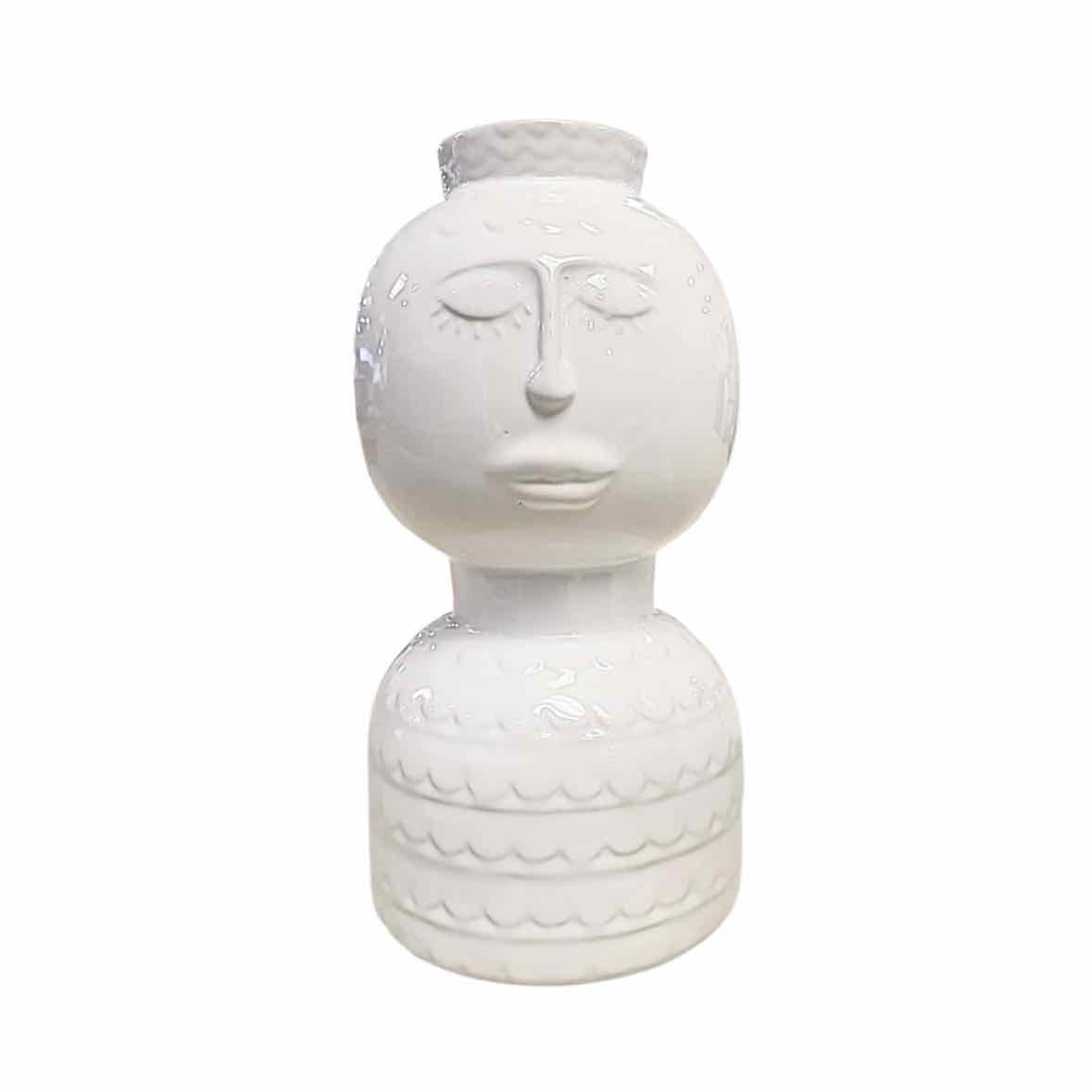 Glazed White Ceramic Face Hourglass Vase