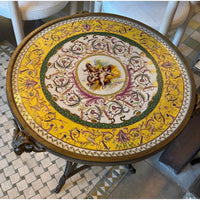 Antique Italian Brass Gueridon Table w/ Painted Cherubs & Goat Head Legs