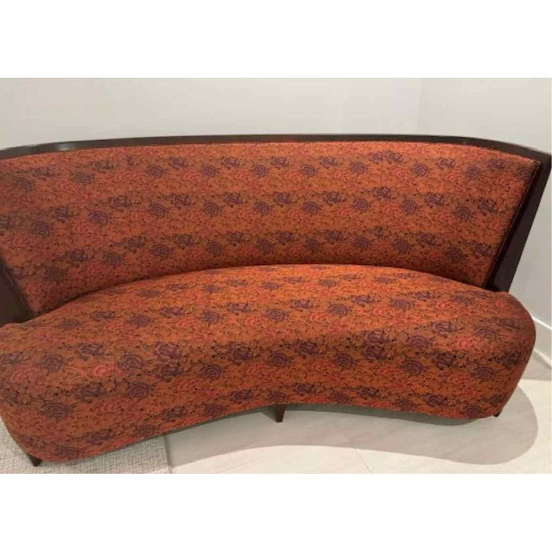 7-ft Curved Dark Wood Sofa w/ Autumn Flora Upholstery