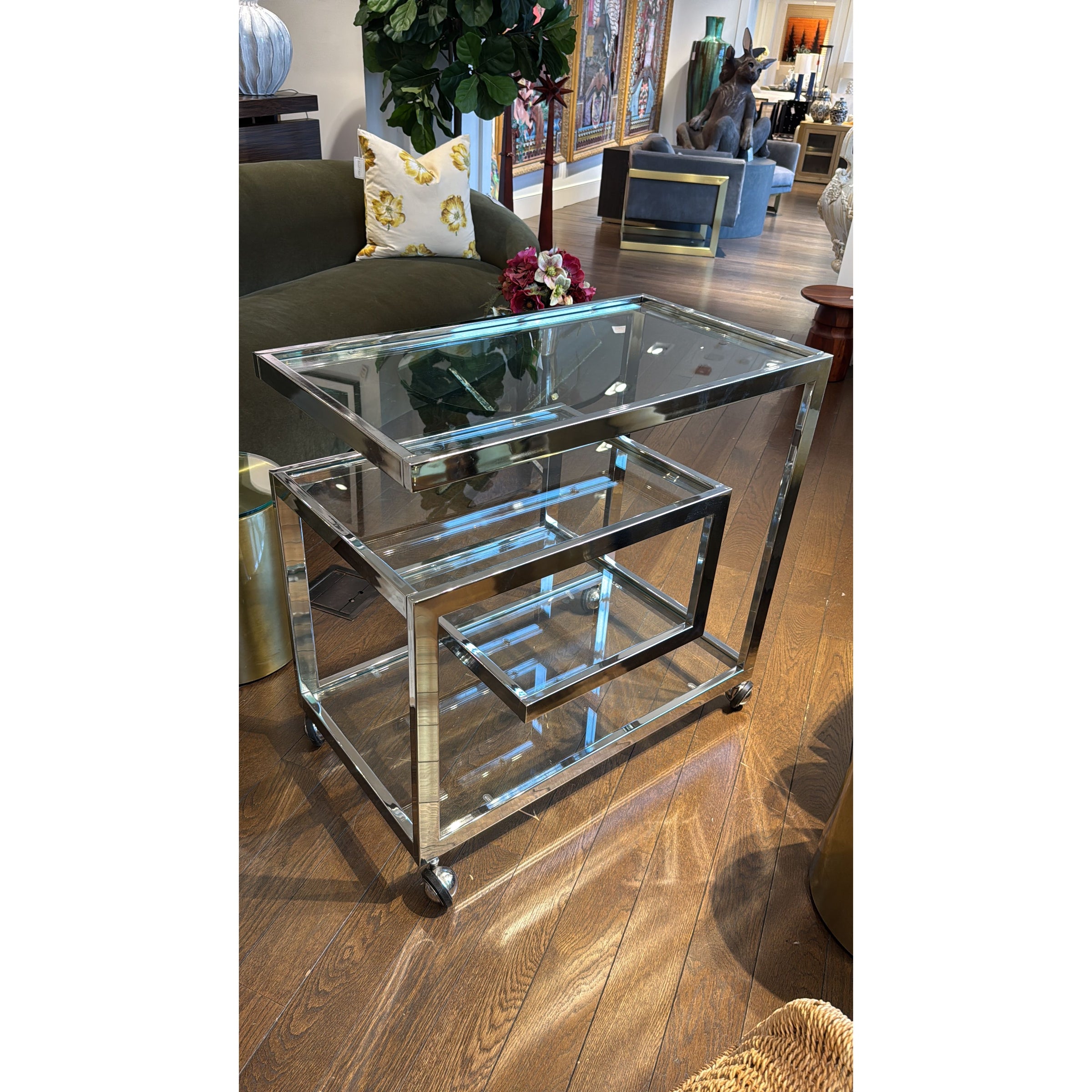 1970s Milo Baughman Attrib. Chrome & Glass Bar Cart