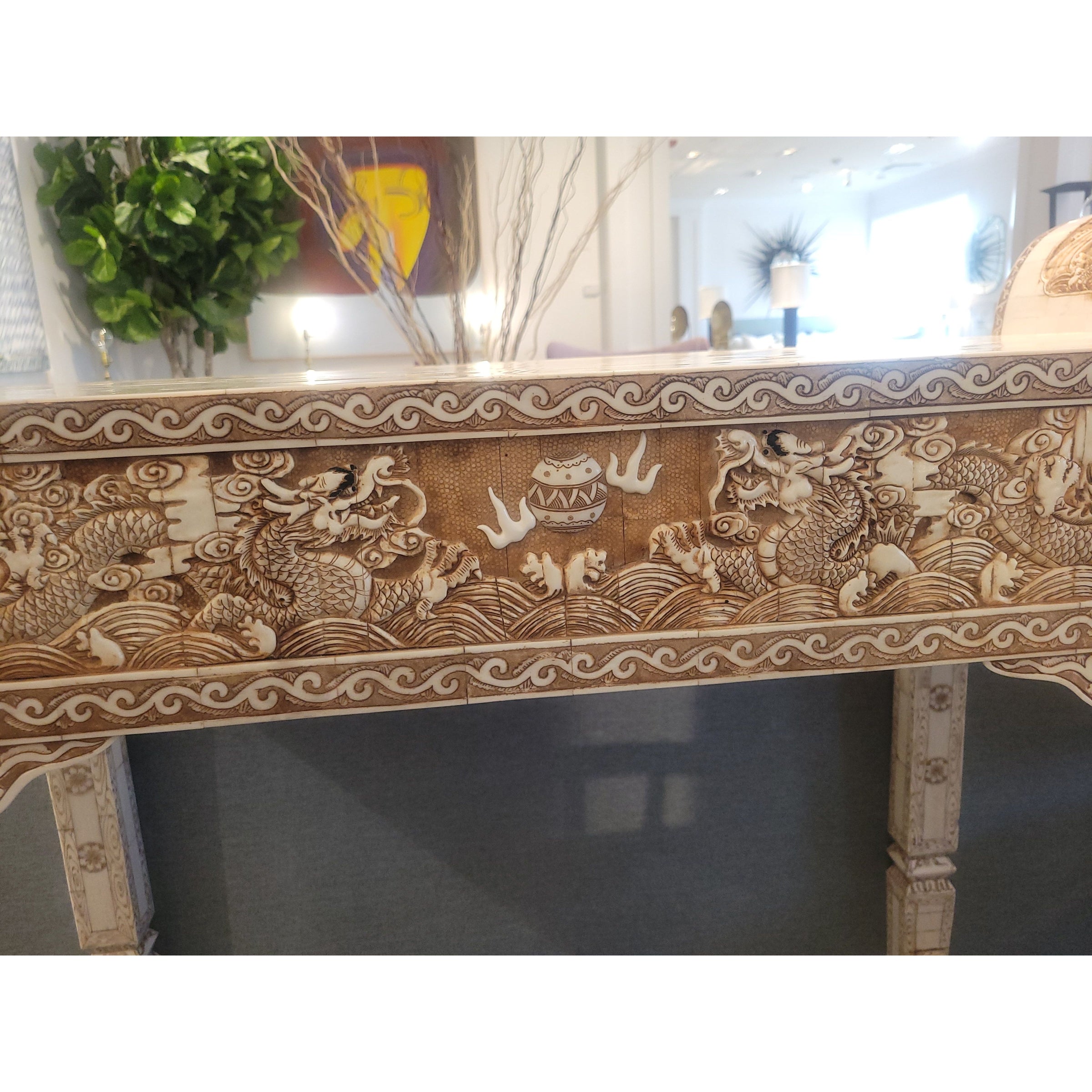 Vintage Chinese 2-Drawer Carved Bone Inlay Alter Table