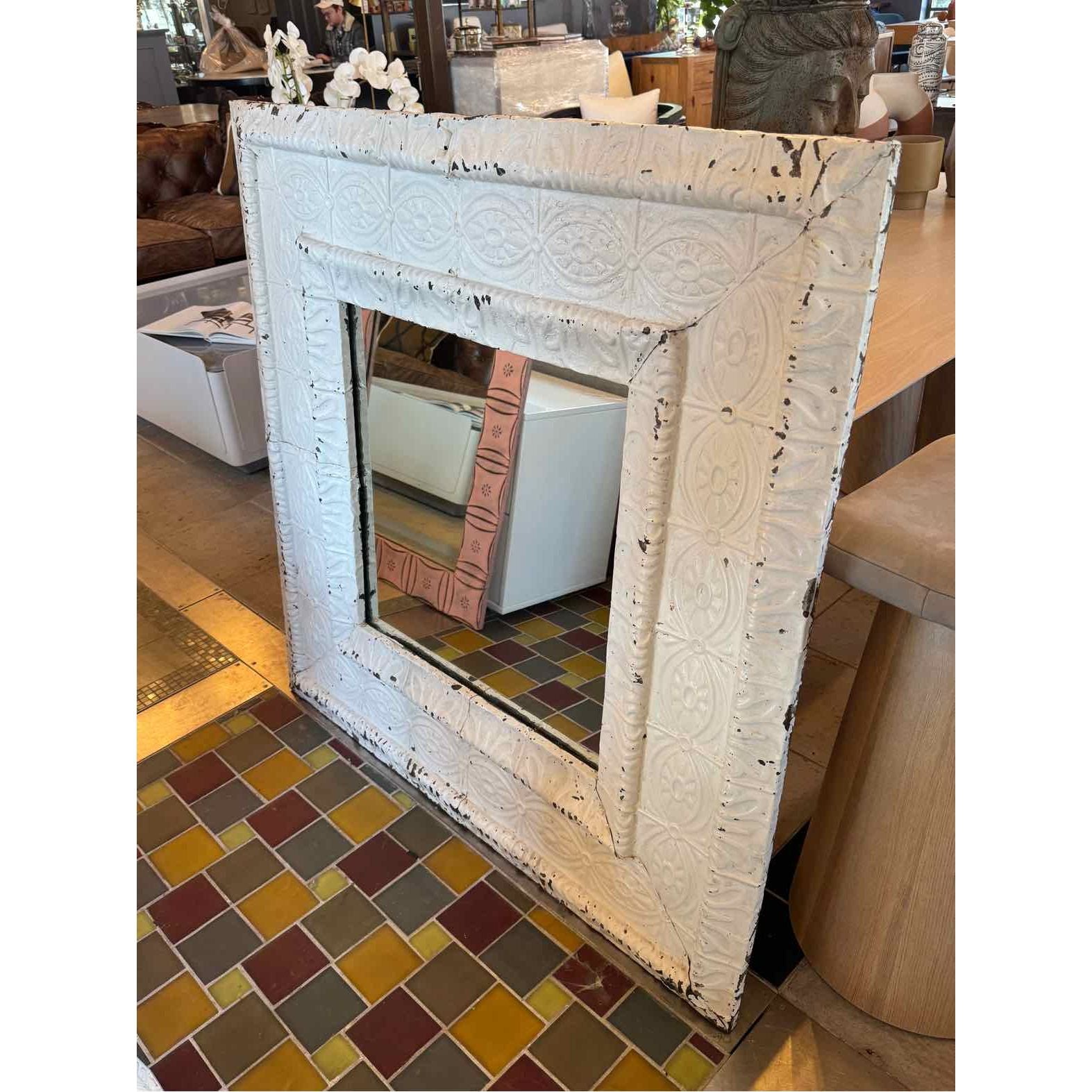 Square White Tin Mirror