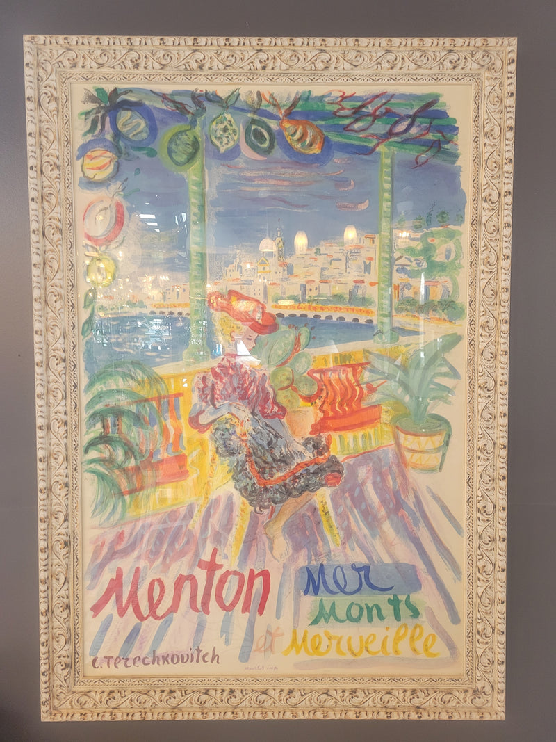 'Menton' Vintage French Tourism Poster by Constantin Terechkovitch in Frame - colletteconsignment.com