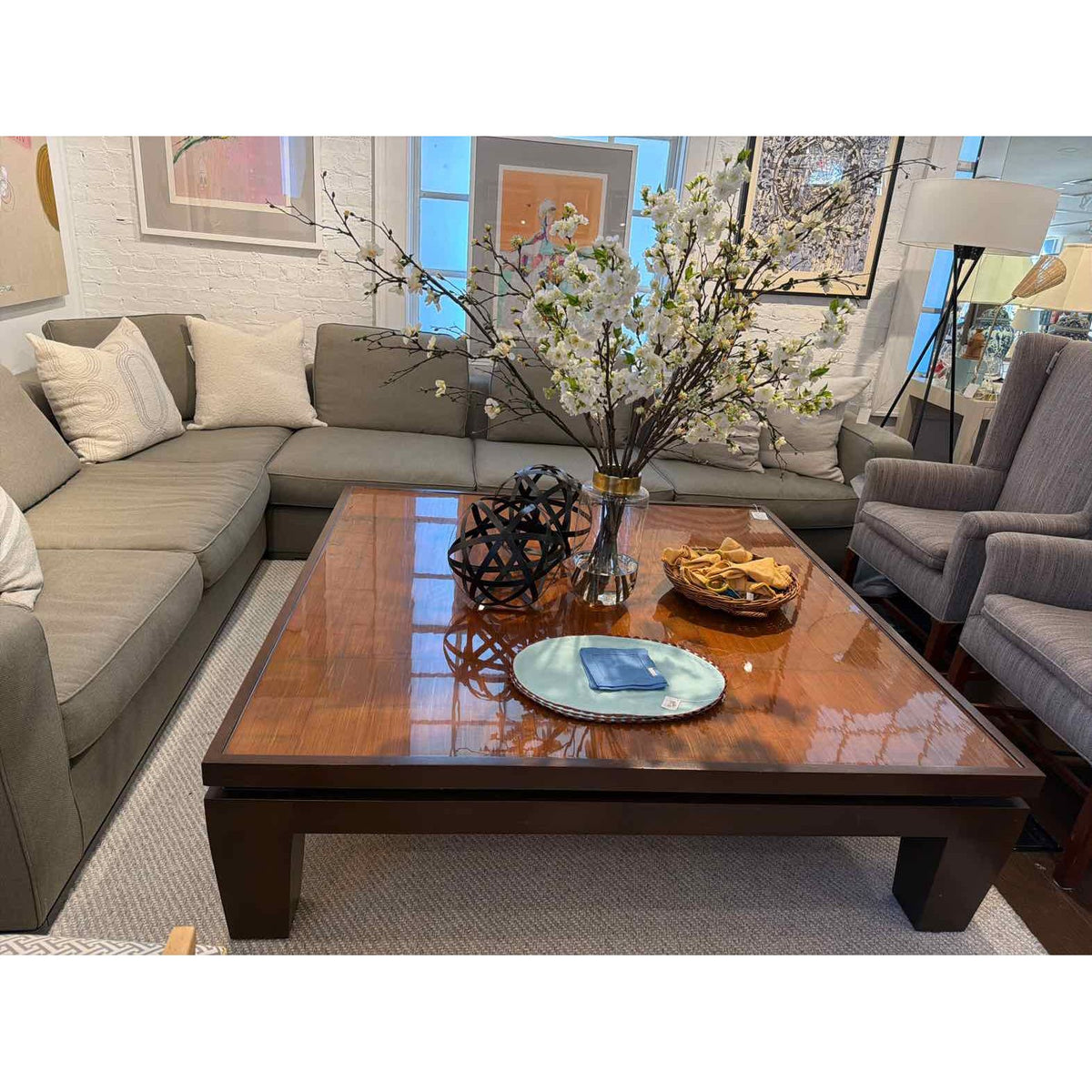 Custom Lacquered Walnut Coffee Table w/ Bamboo Insert (AS IS) - colletteconsignment.com