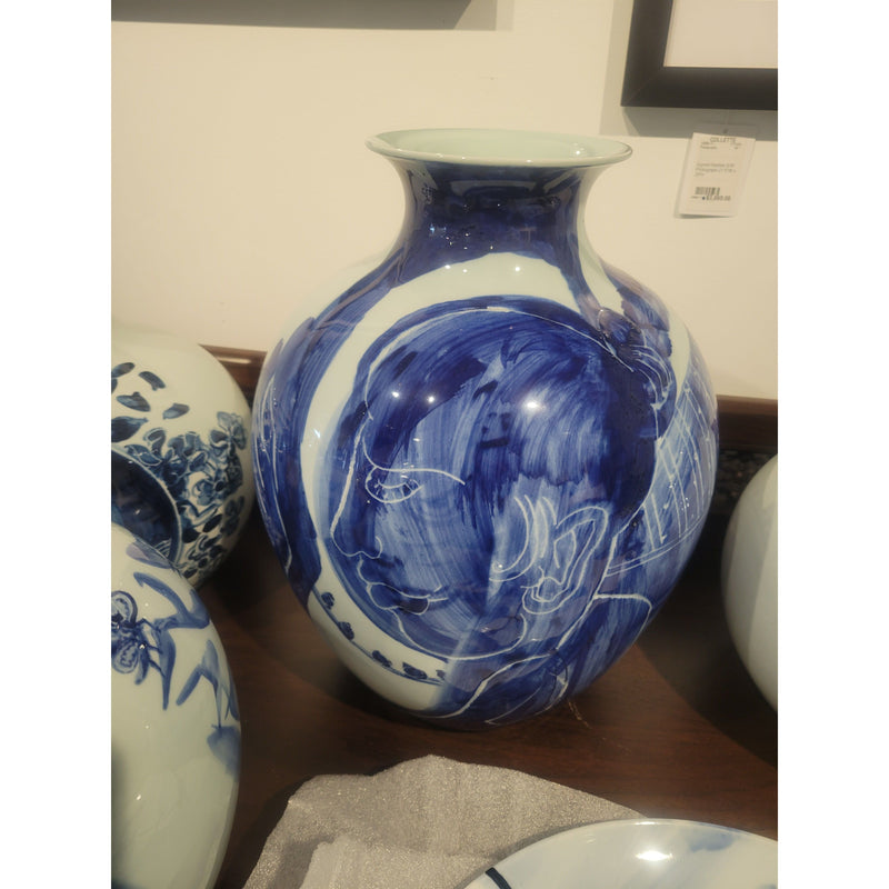 Large Blue and White Porcelain Urn Vase with Face Motif by Jared FitzGerald