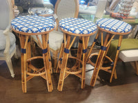 SET of 3 Blue & White Wicker Counter Stools by Maison Drucker