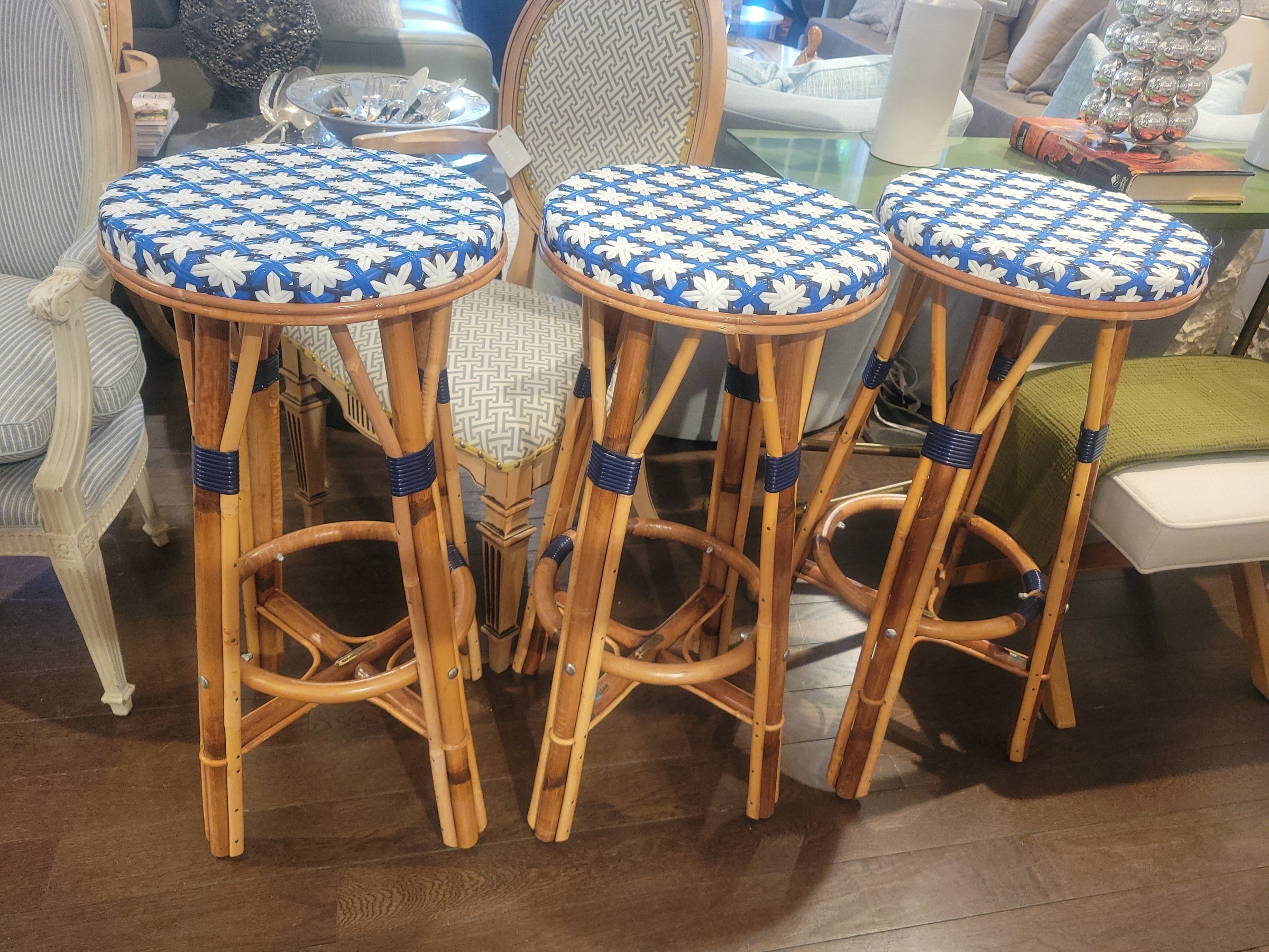 SET of 3 Blue & White Wicker Counter Stools by Maison Drucker