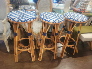 SET of 3 Blue & White Wicker Counter Stools by Maison Drucker