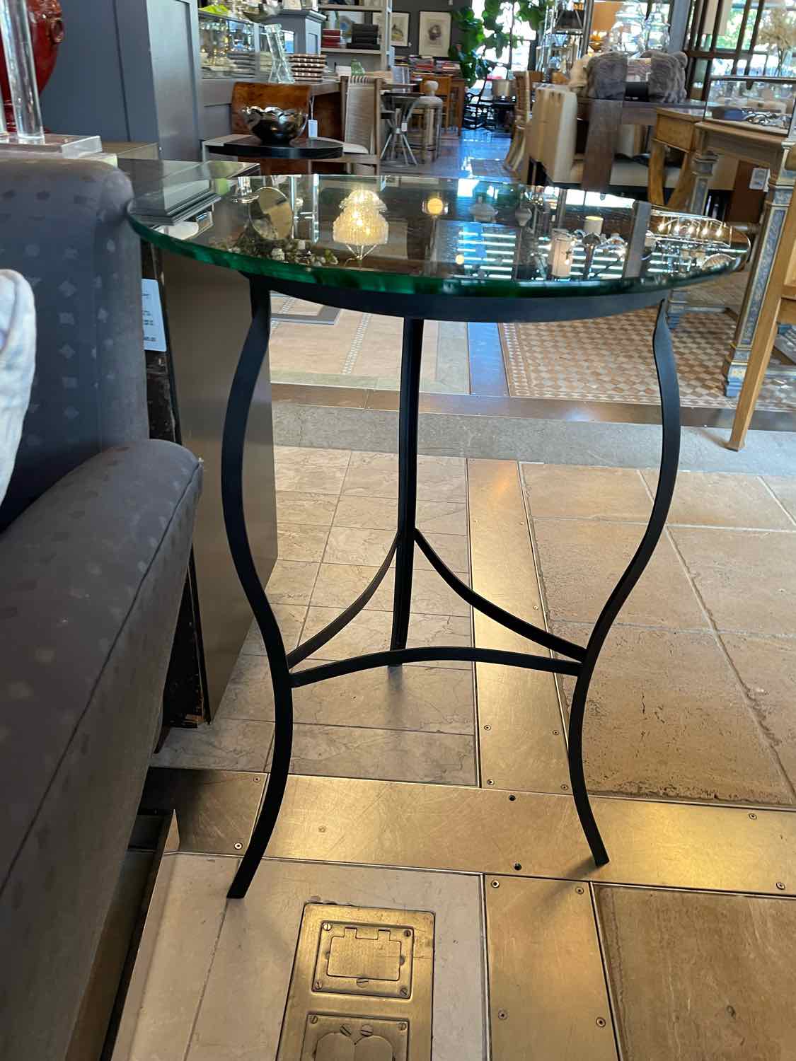 Black Metal Tripod Side Table w/ 2-ft Round Glass Top