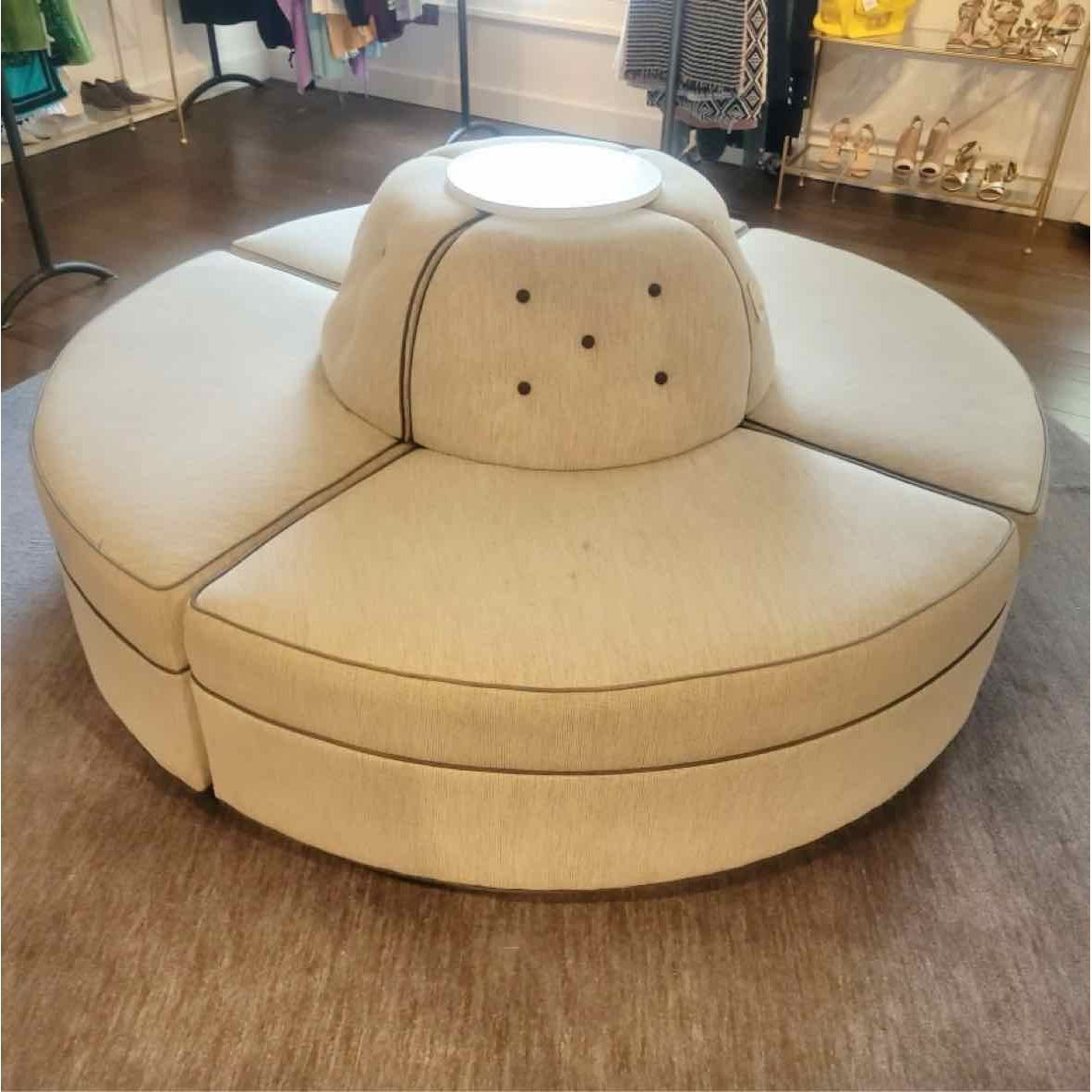 Round Grey Upholstered Butterfly Ottoman W/ Blue Piping
