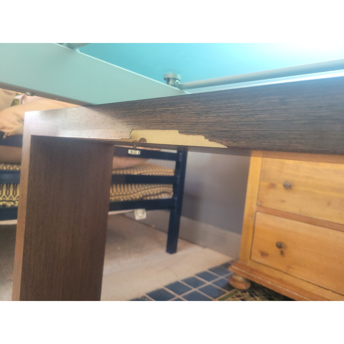 Frosted Glass Extension Dining Table on Wood Veneer Legs (AS IS) - colletteconsignment.com