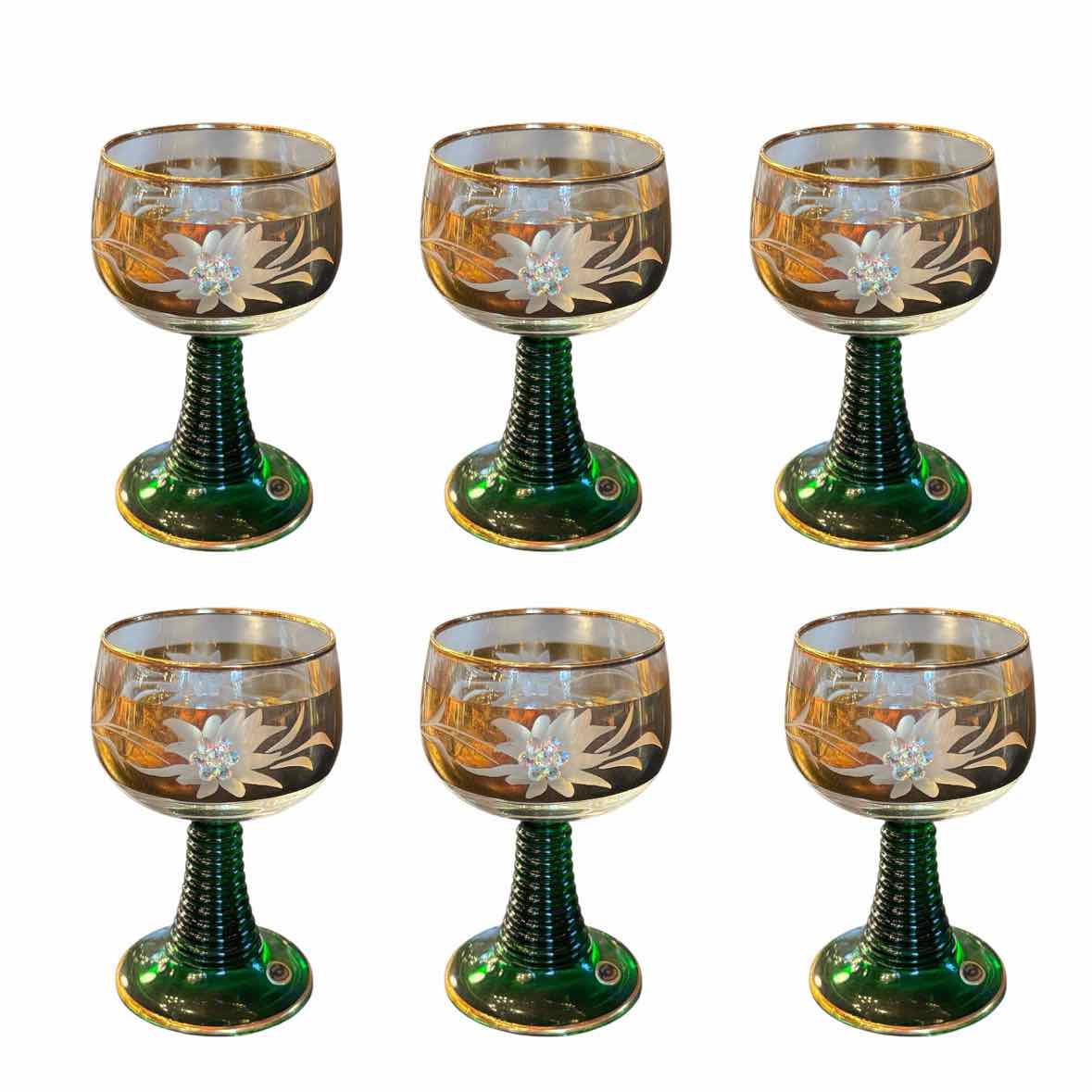 Set 6 German Green Gold Stem Glasses